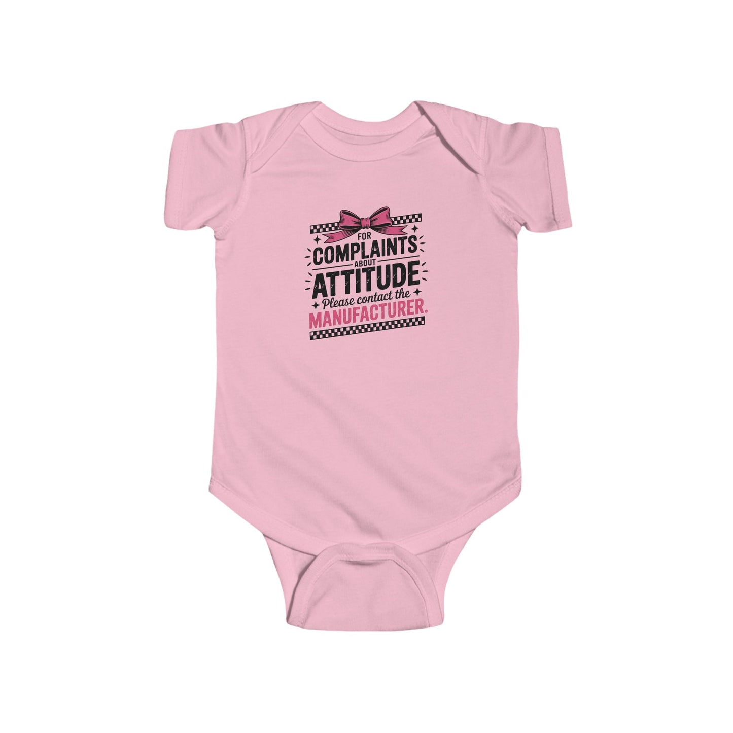 Infant Bodysuit - "Complaints? Attitude. I'm a Limited Edition Manufacturer" Funny Baby Onesie (Pink Bow)