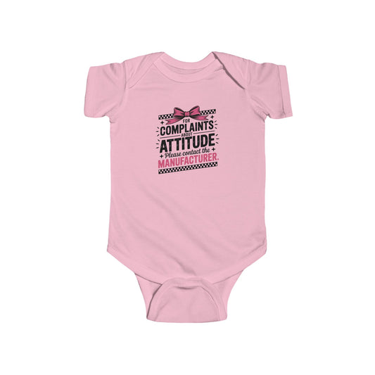 Infant Bodysuit - "Complaints? Attitude. I'm a Limited Edition Manufacturer" Funny Baby Onesie (Pink Bow)