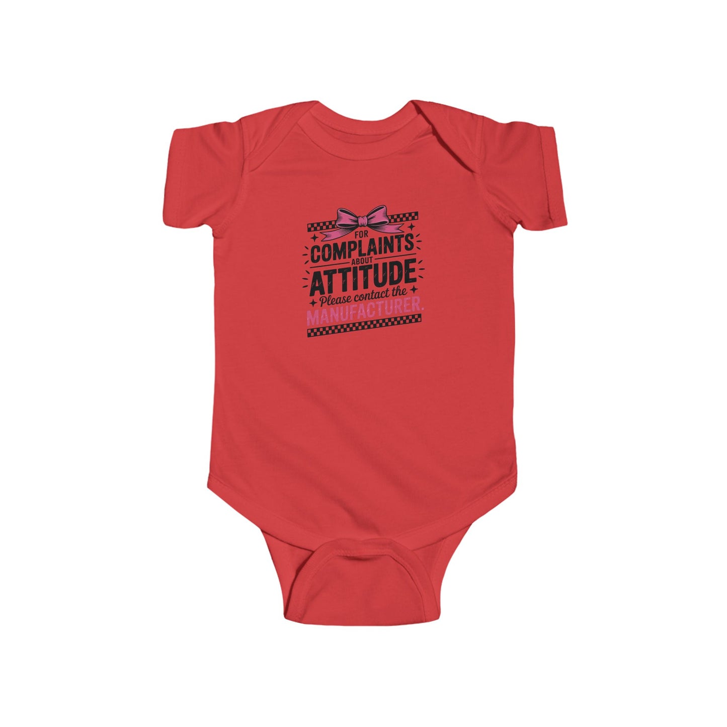 Infant Bodysuit - "Complaints? Attitude. I'm a Limited Edition Manufacturer" Funny Baby Onesie (Pink Bow)