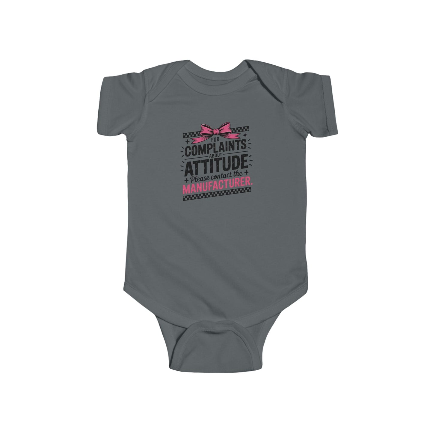 Infant Bodysuit - "Complaints? Attitude. I'm a Limited Edition Manufacturer" Funny Baby Onesie (Pink Bow)