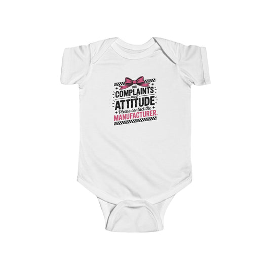 Infant Bodysuit - "Complaints? Attitude. I'm a Limited Edition Manufacturer" Funny Baby Onesie (Pink Bow)