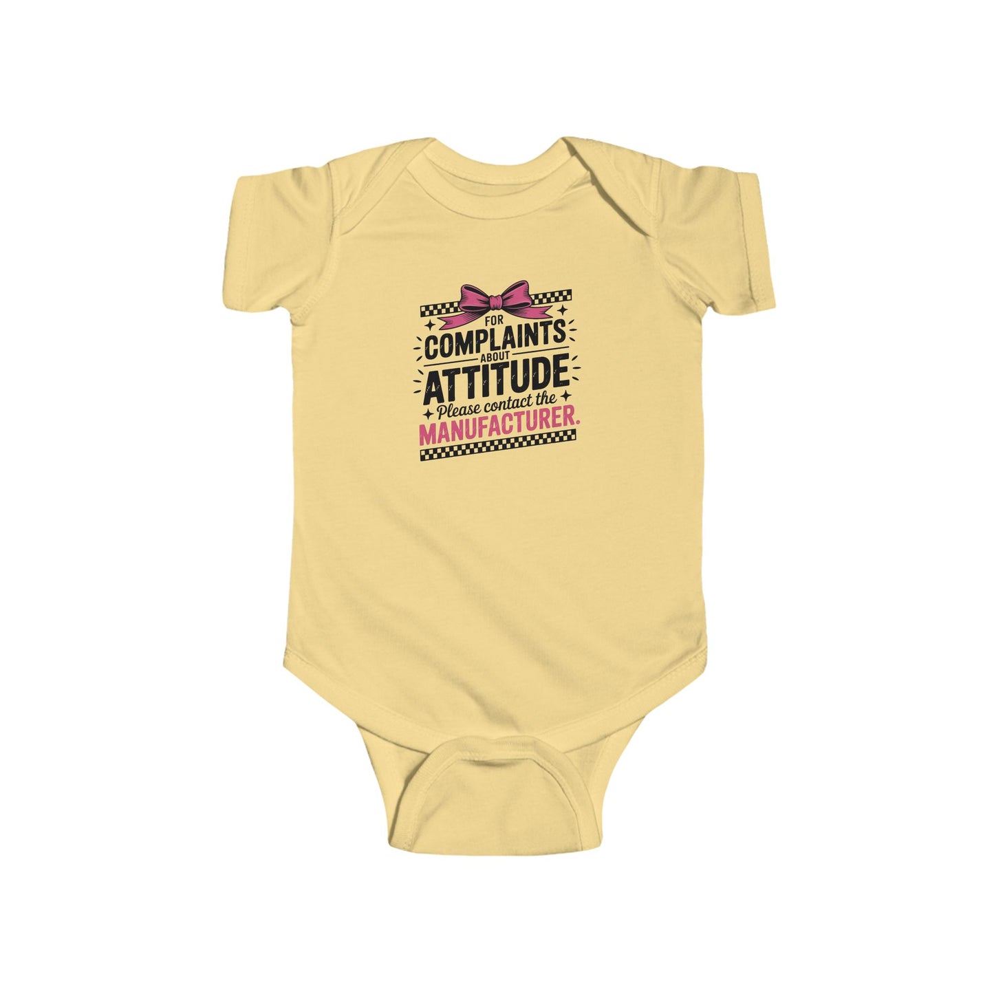 Infant Bodysuit - "Complaints? Attitude. I'm a Limited Edition Manufacturer" Funny Baby Onesie (Pink Bow)