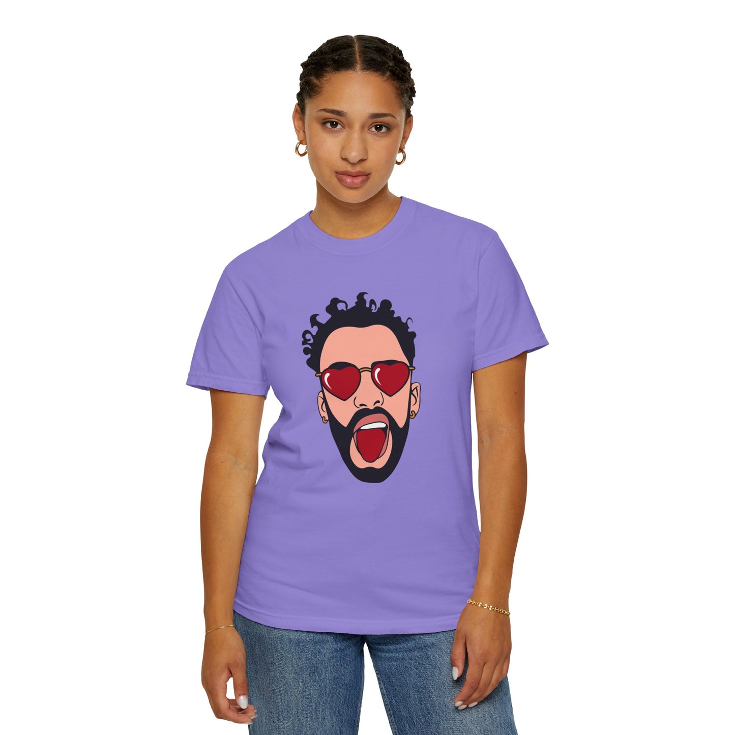 Graphic T-Shirt — Bold Pop Art Face with Heart Sunglasses