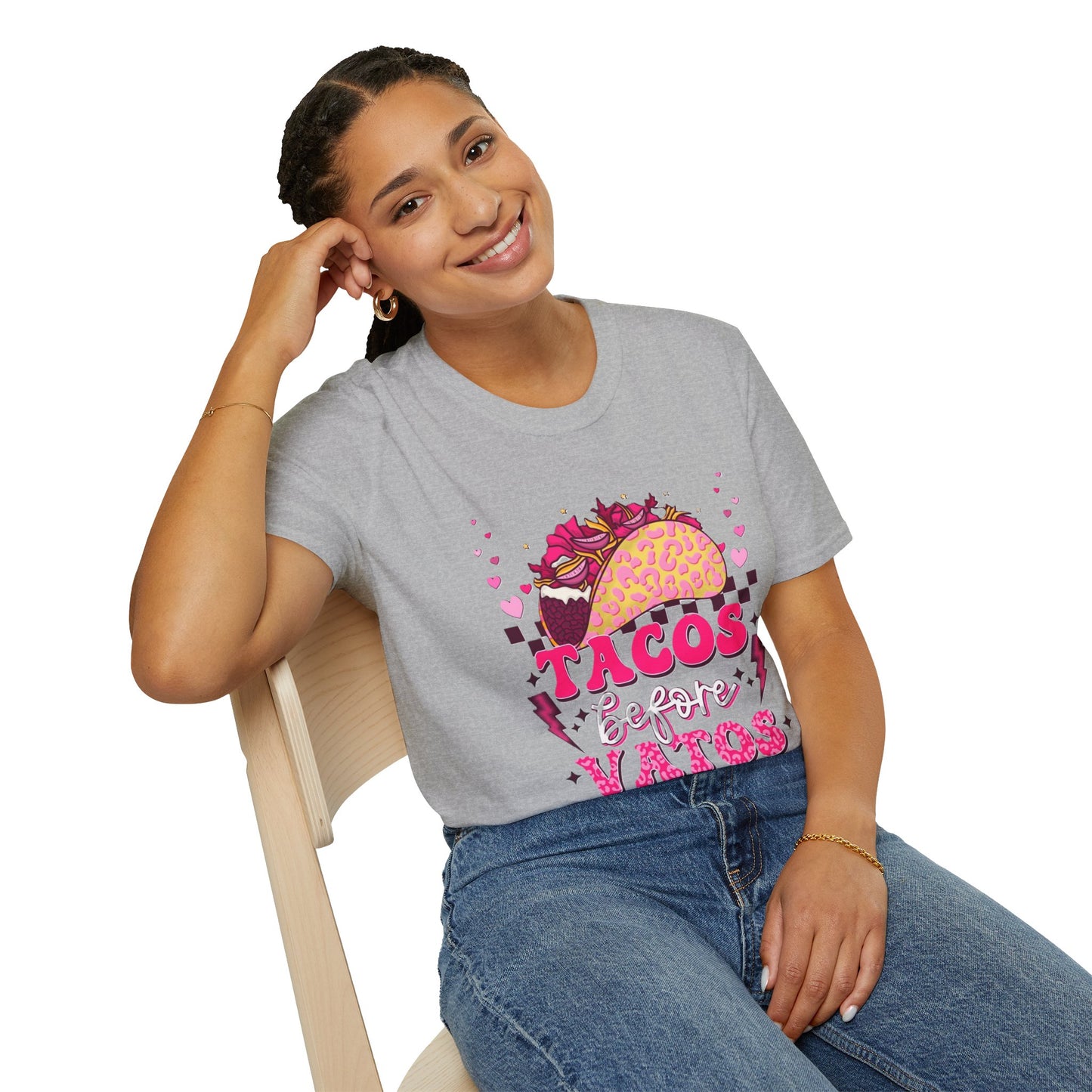 T-Shirt — "Tacos Before Vatos" Cute Pink Taco Graphic Tee