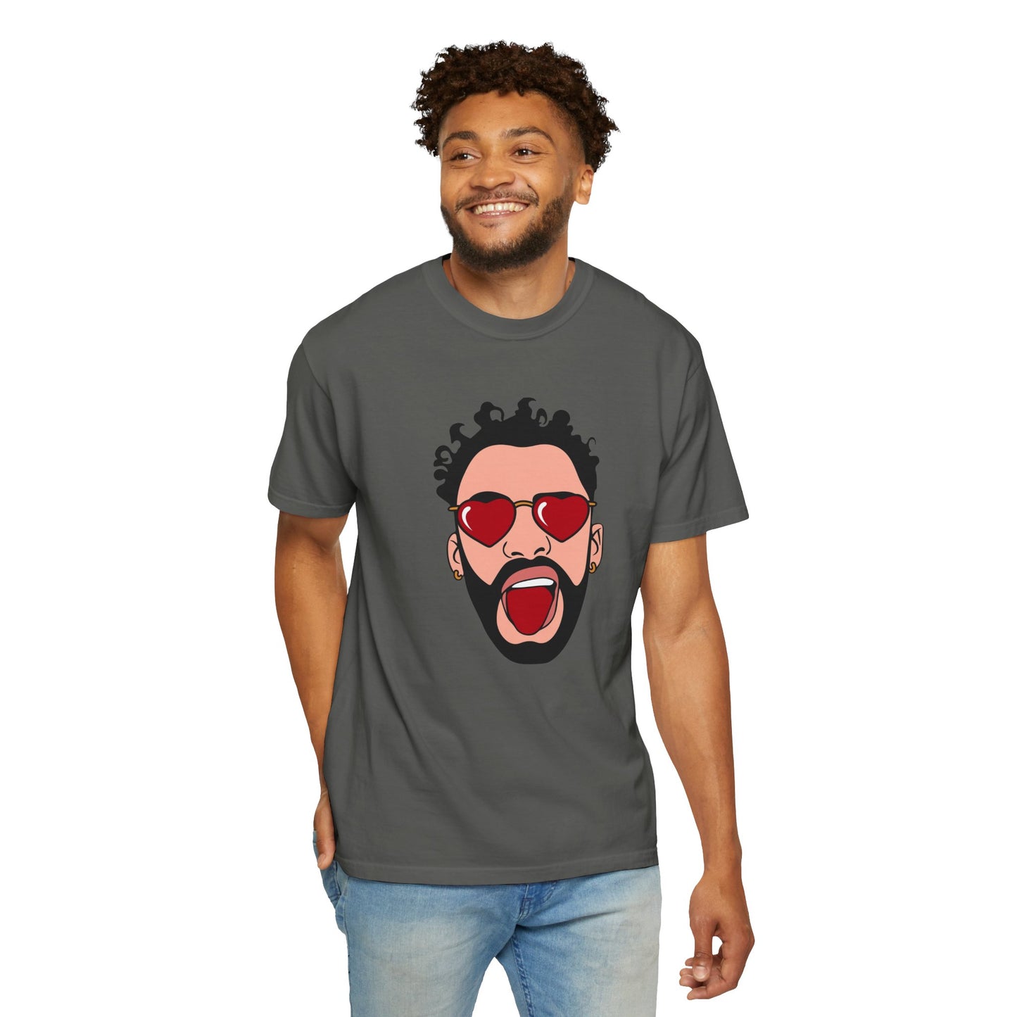Graphic T-Shirt — Bold Pop Art Face with Heart Sunglasses