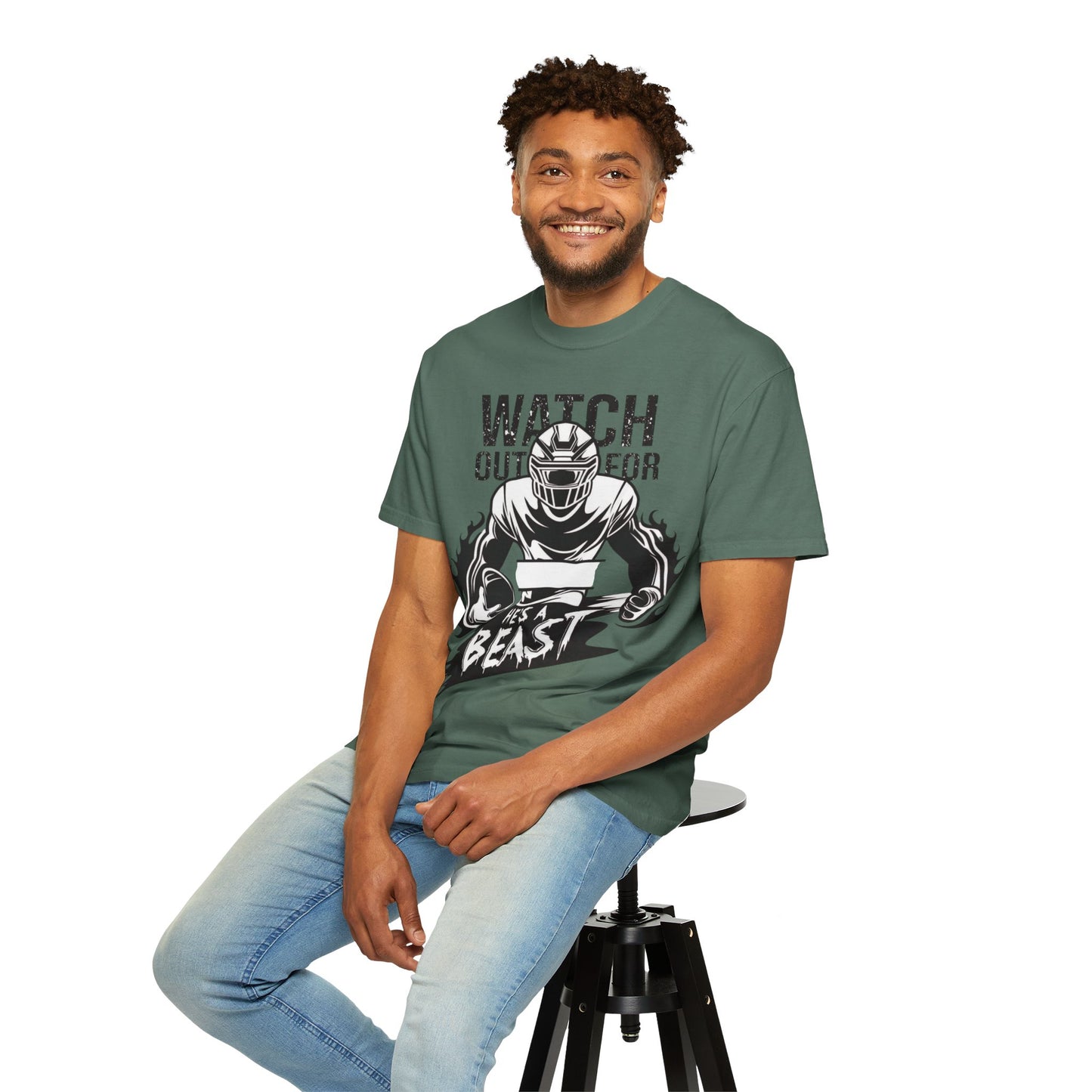 Watch Out For He's A Beast Football Player T-Shirt | Sports Helmet Grunge