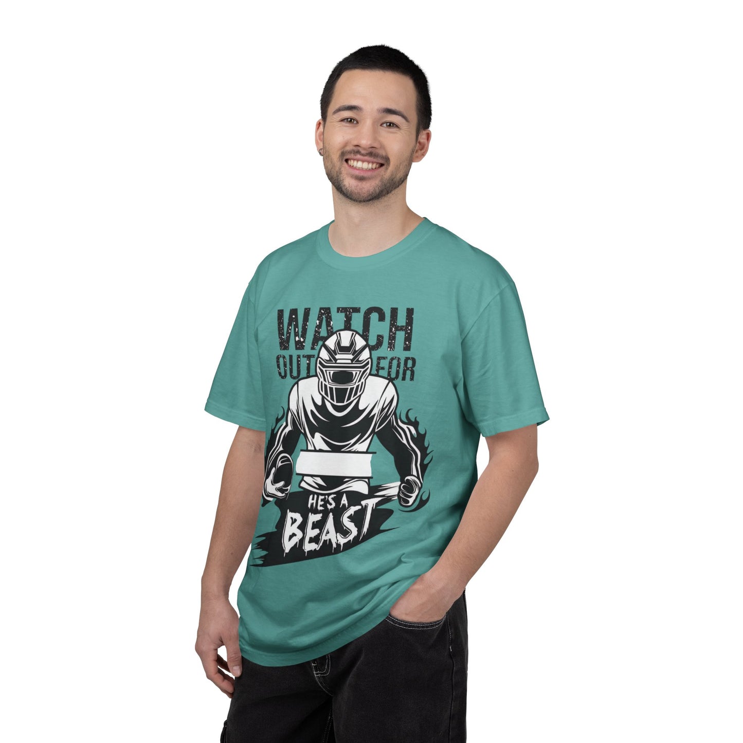 Watch Out For He's A Beast Football Player T-Shirt | Sports Helmet Grunge