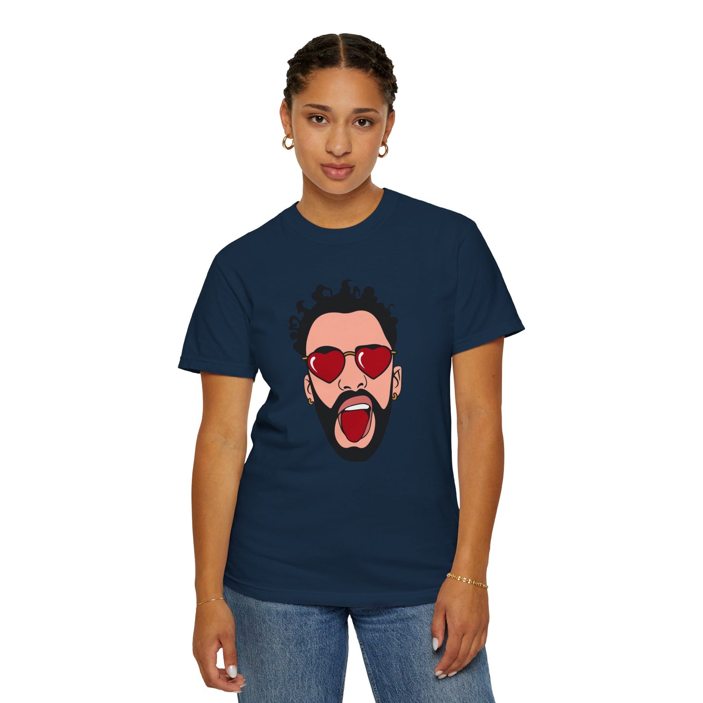 Graphic T-Shirt — Bold Pop Art Face with Heart Sunglasses