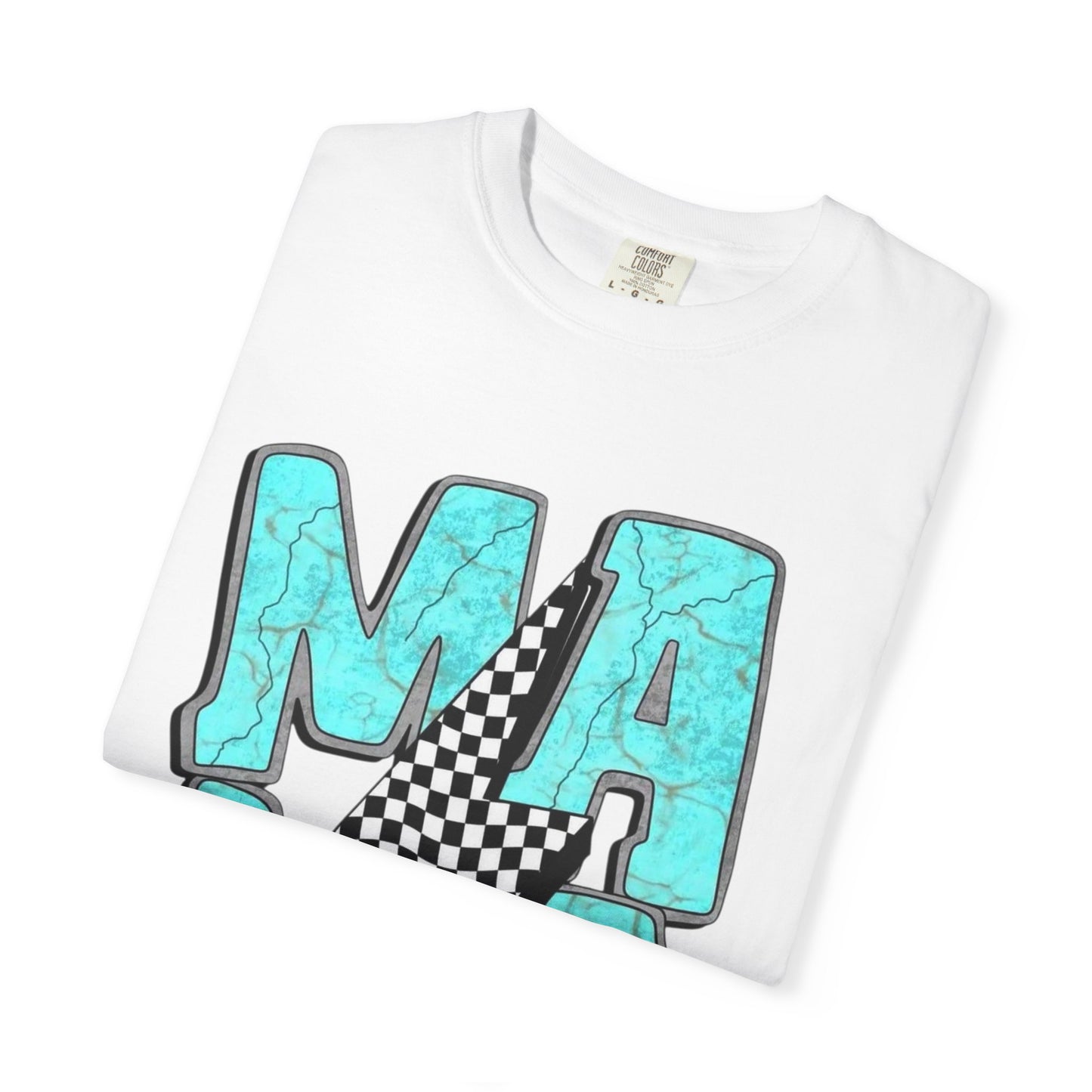 MAMA Lightning Bolt T-Shirt | Checkerboard, Aqua Marble Text