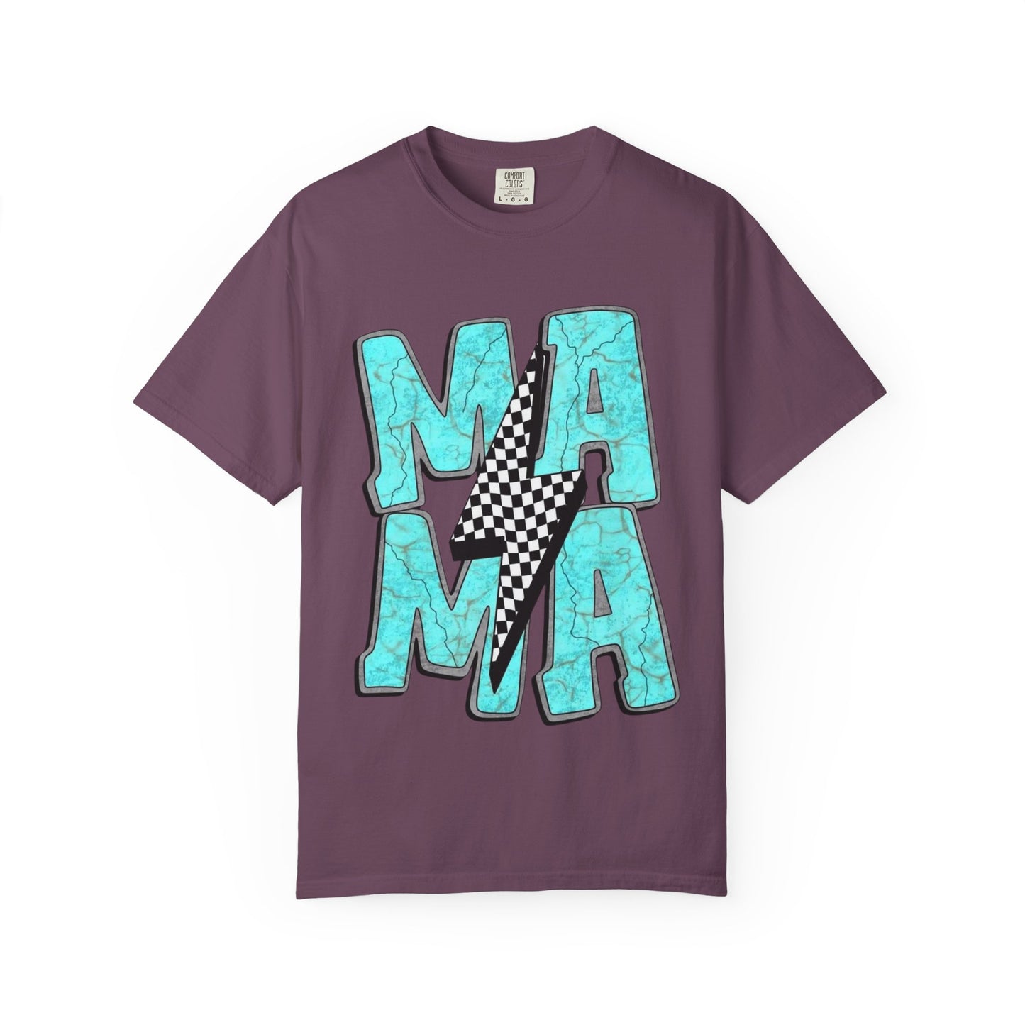 MAMA Lightning Bolt T-Shirt | Checkerboard, Aqua Marble Text