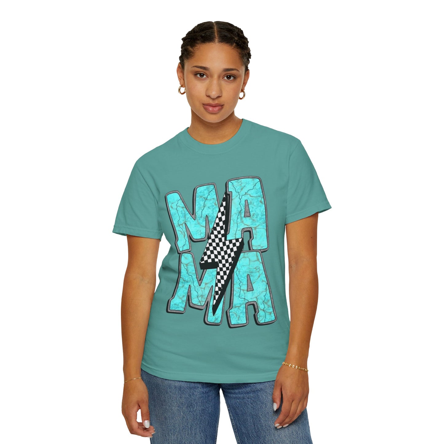 MAMA Lightning Bolt T-Shirt | Checkerboard, Aqua Marble Text