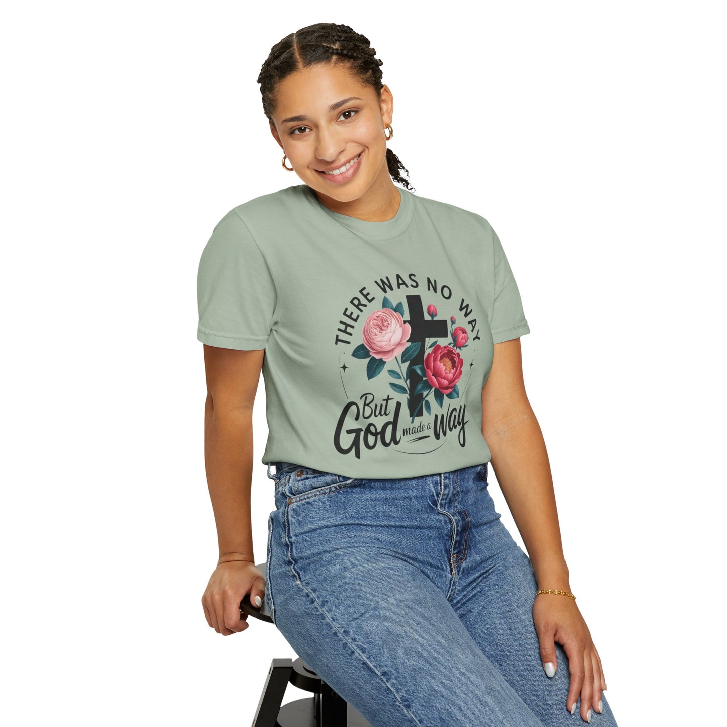 Christian T-Shirt — "There Was No Way But God Made A Way" Floral Cross