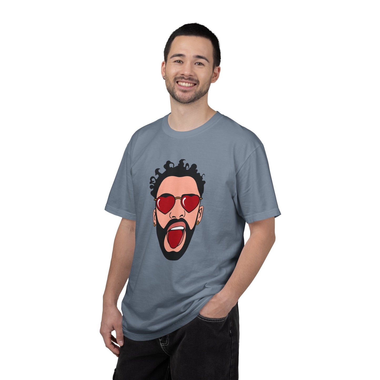 Graphic T-Shirt — Bold Pop Art Face with Heart Sunglasses
