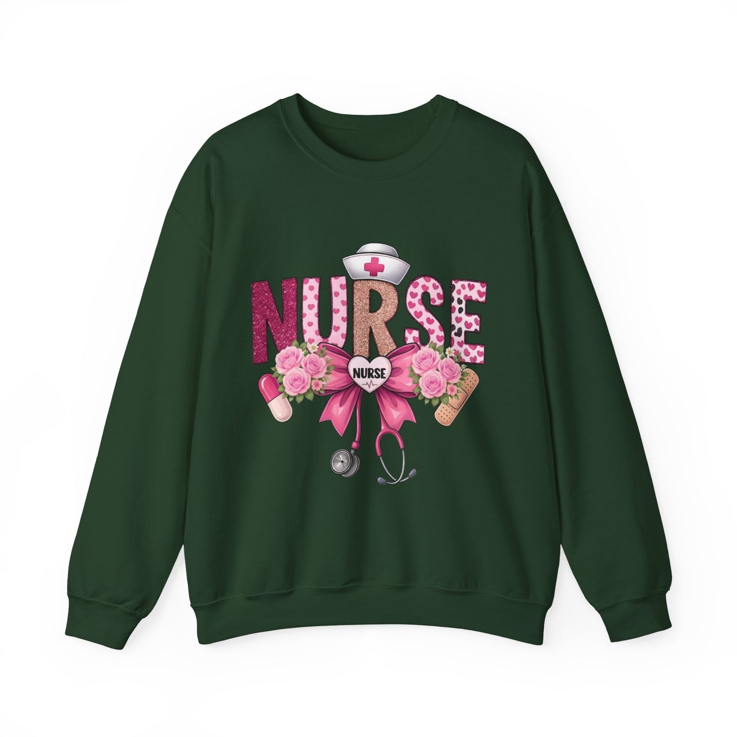 Pink Floral Nurse Crewneck Sweatshirt | Stethoscope, Bandage, Nursing Theme