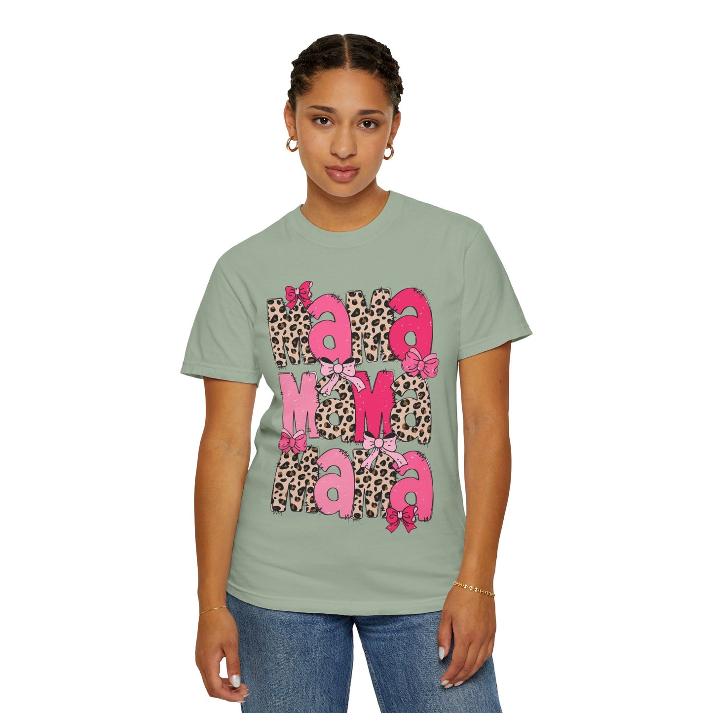 Mama Leopard Print Pink Bow T-Shirt