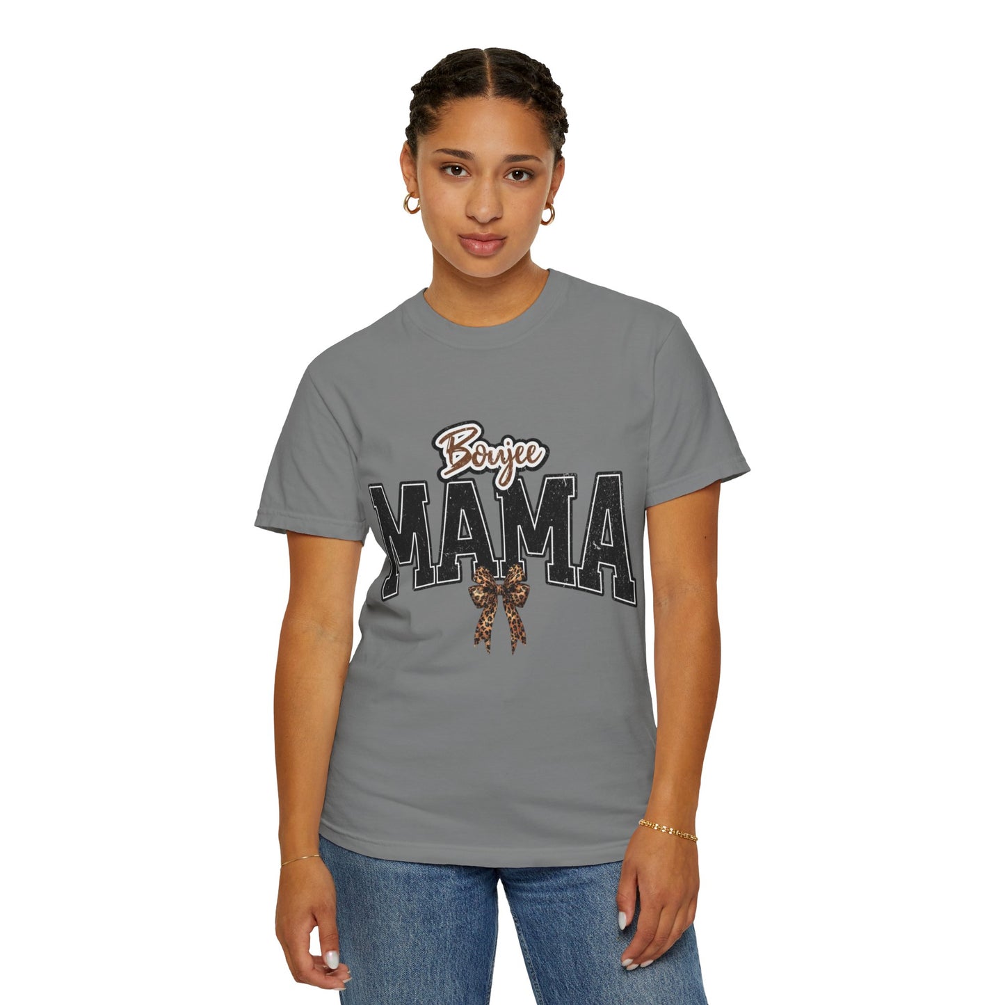 Boujee MAMA varsity letters with leopard bow T-Shirt | Mama shirt