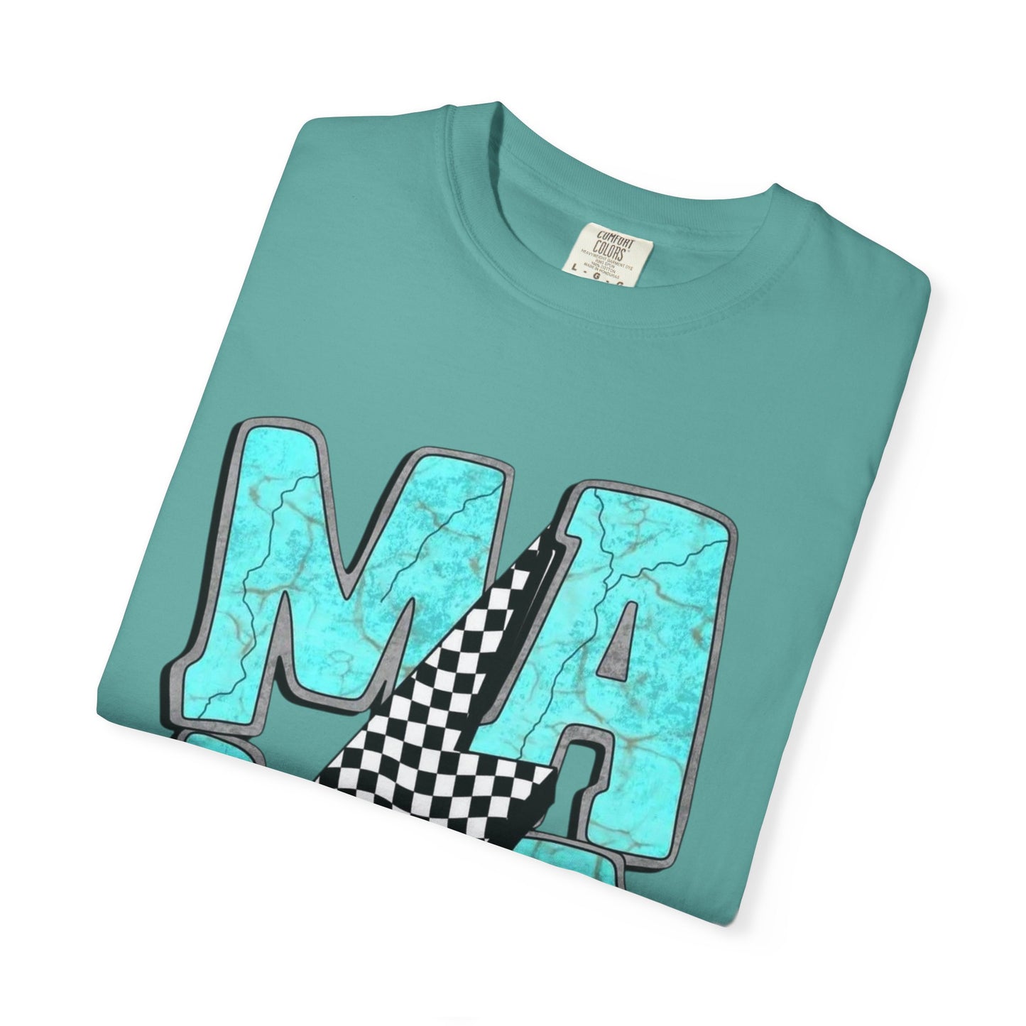 MAMA Lightning Bolt T-Shirt | Checkerboard, Aqua Marble Text