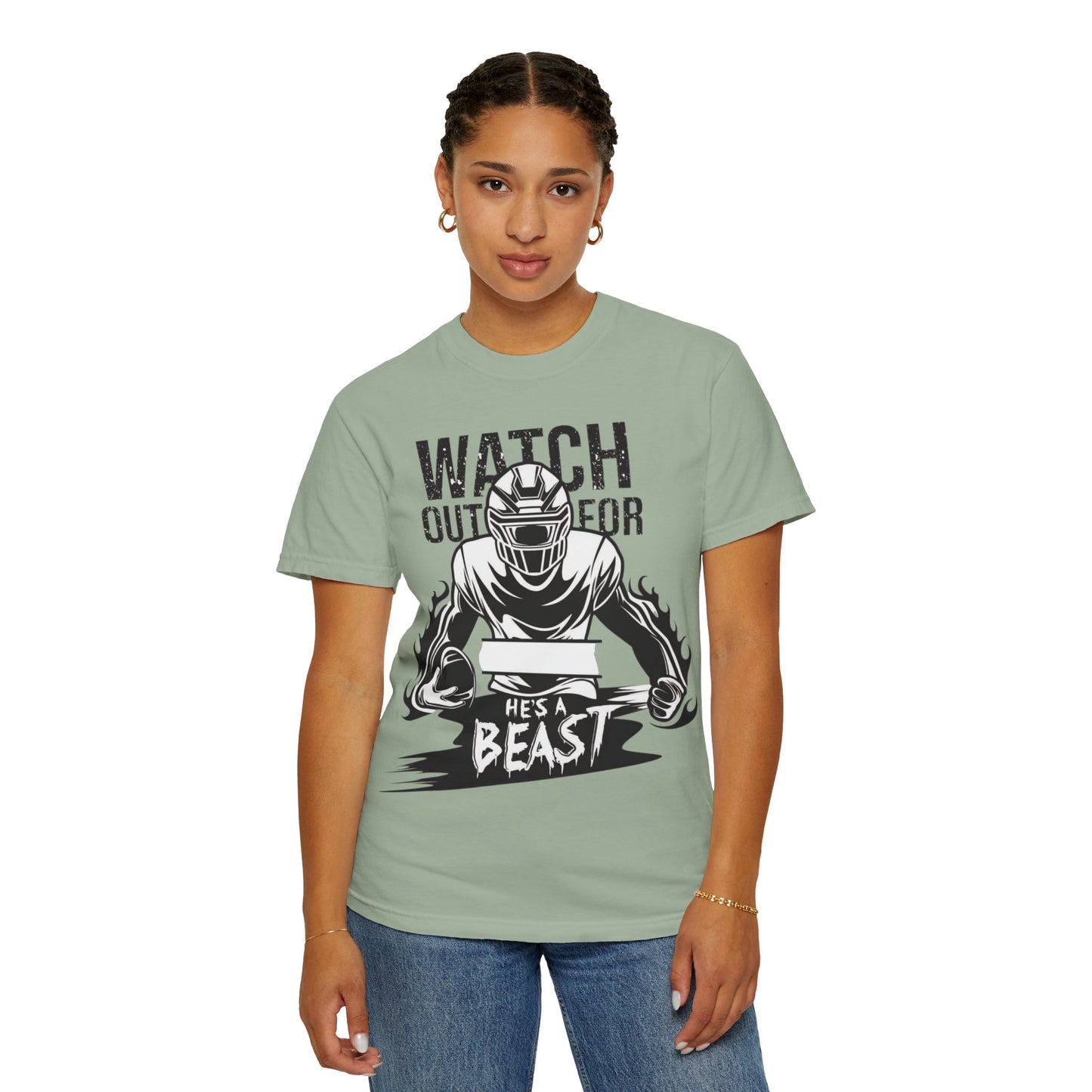 Watch Out For He's A Beast Football Player T-Shirt | Sports Helmet Grunge