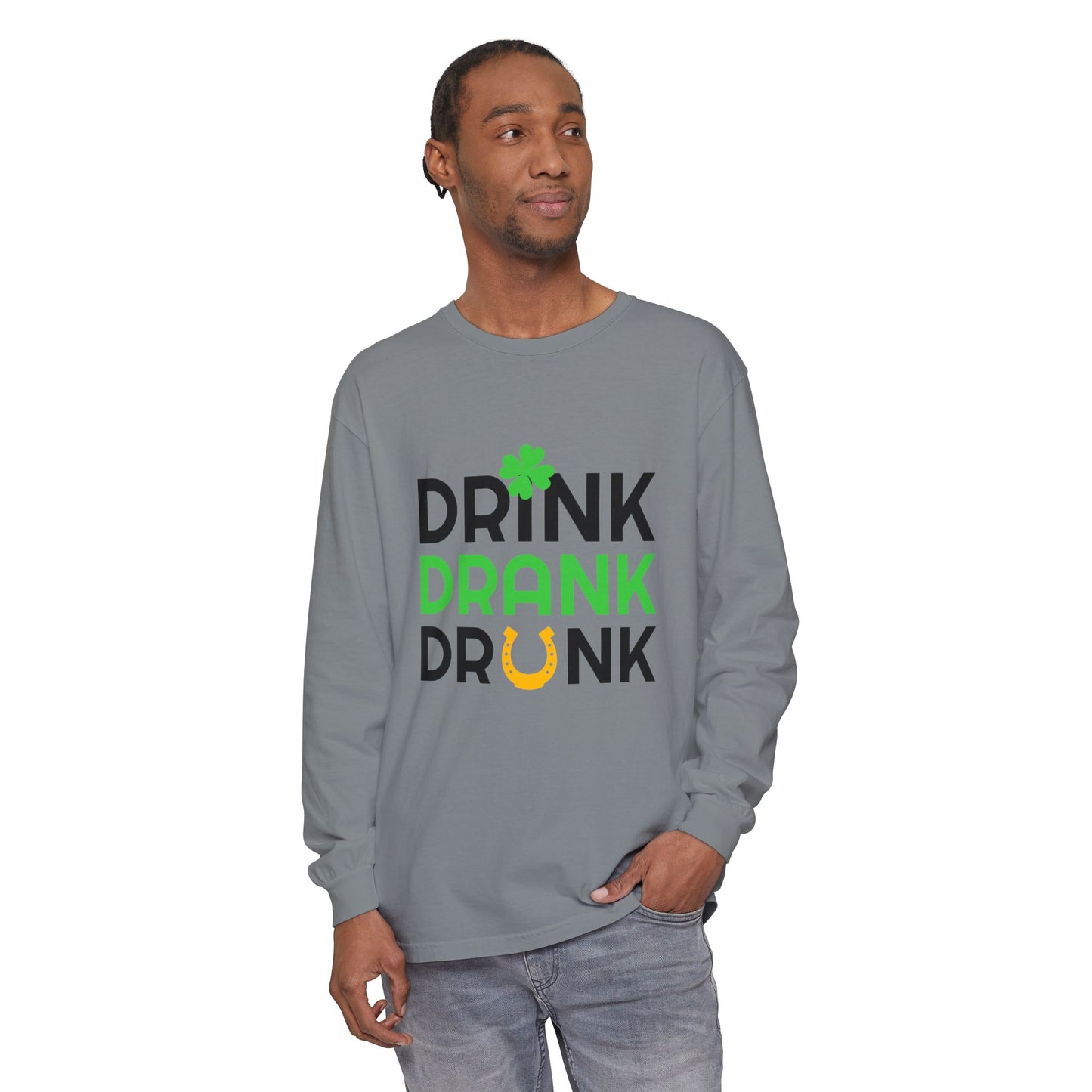 Drink Drank Drunk Shamrock Horseshoe Long Sleeve Tee | St. Patrick's Day Shirt