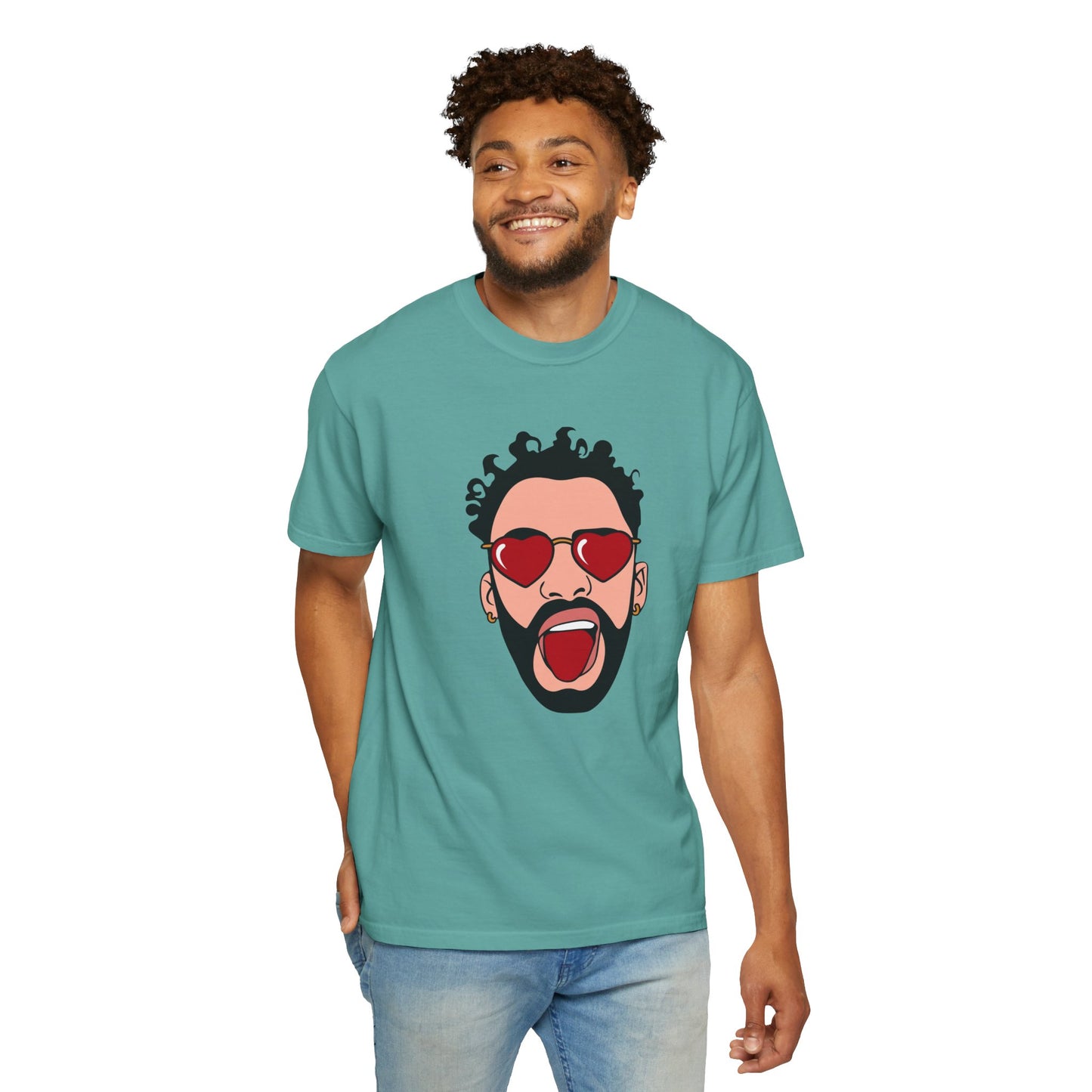 Graphic T-Shirt — Bold Pop Art Face with Heart Sunglasses