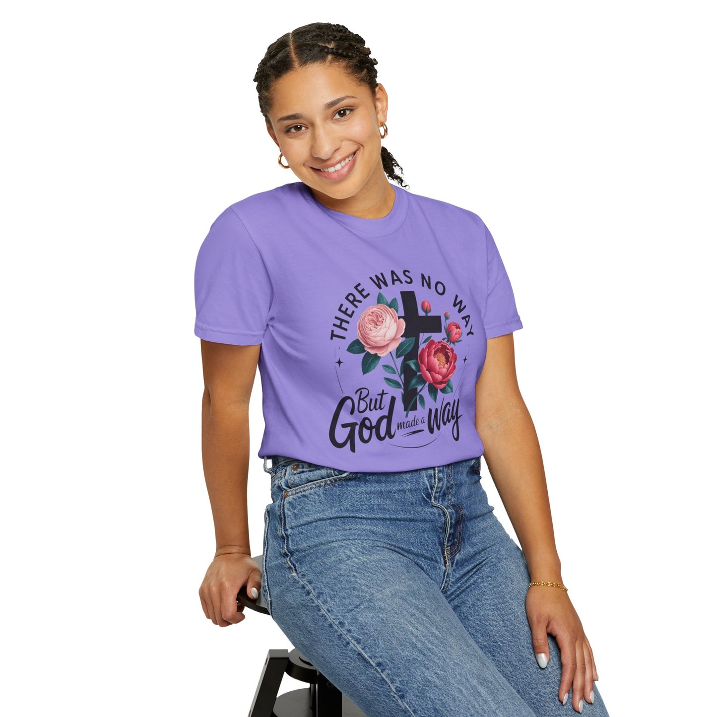 Christian T-Shirt — "There Was No Way But God Made A Way" Floral Cross