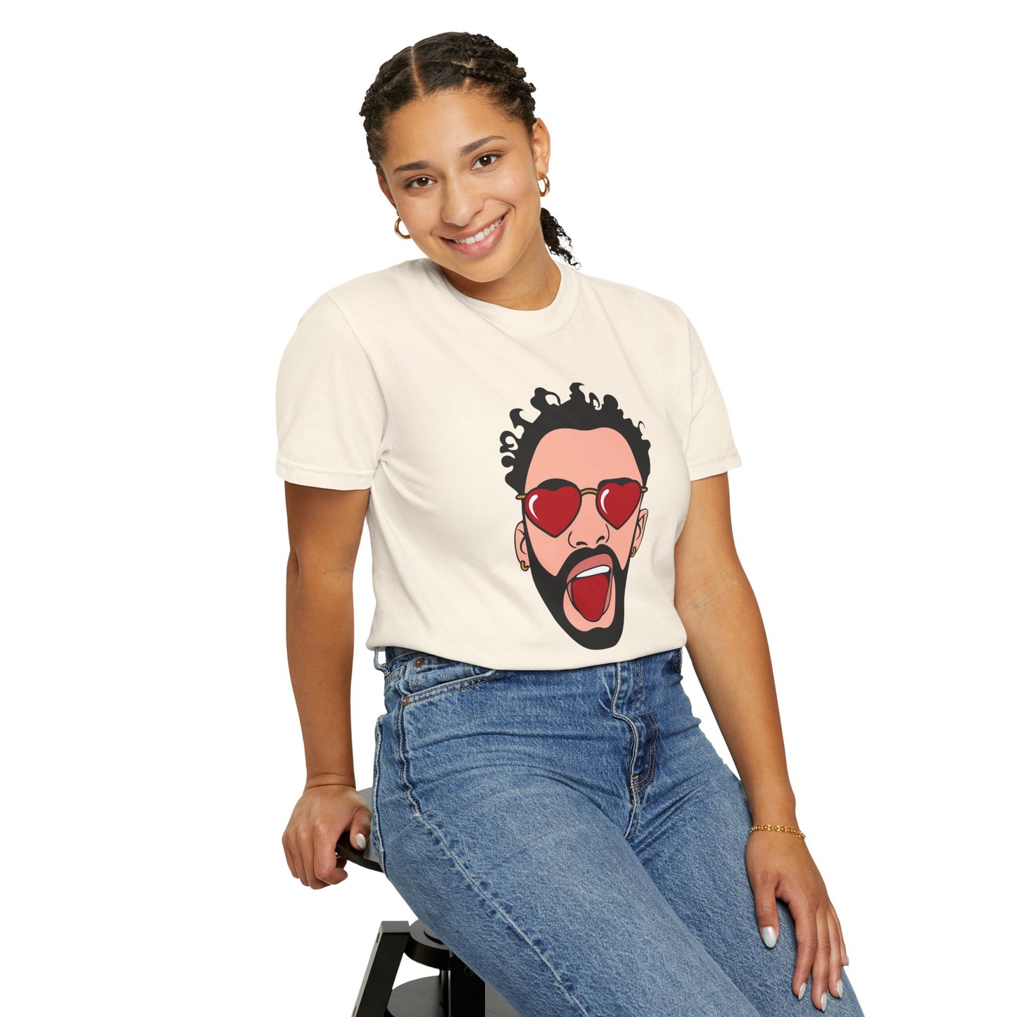 Graphic T-Shirt — Bold Pop Art Face with Heart Sunglasses