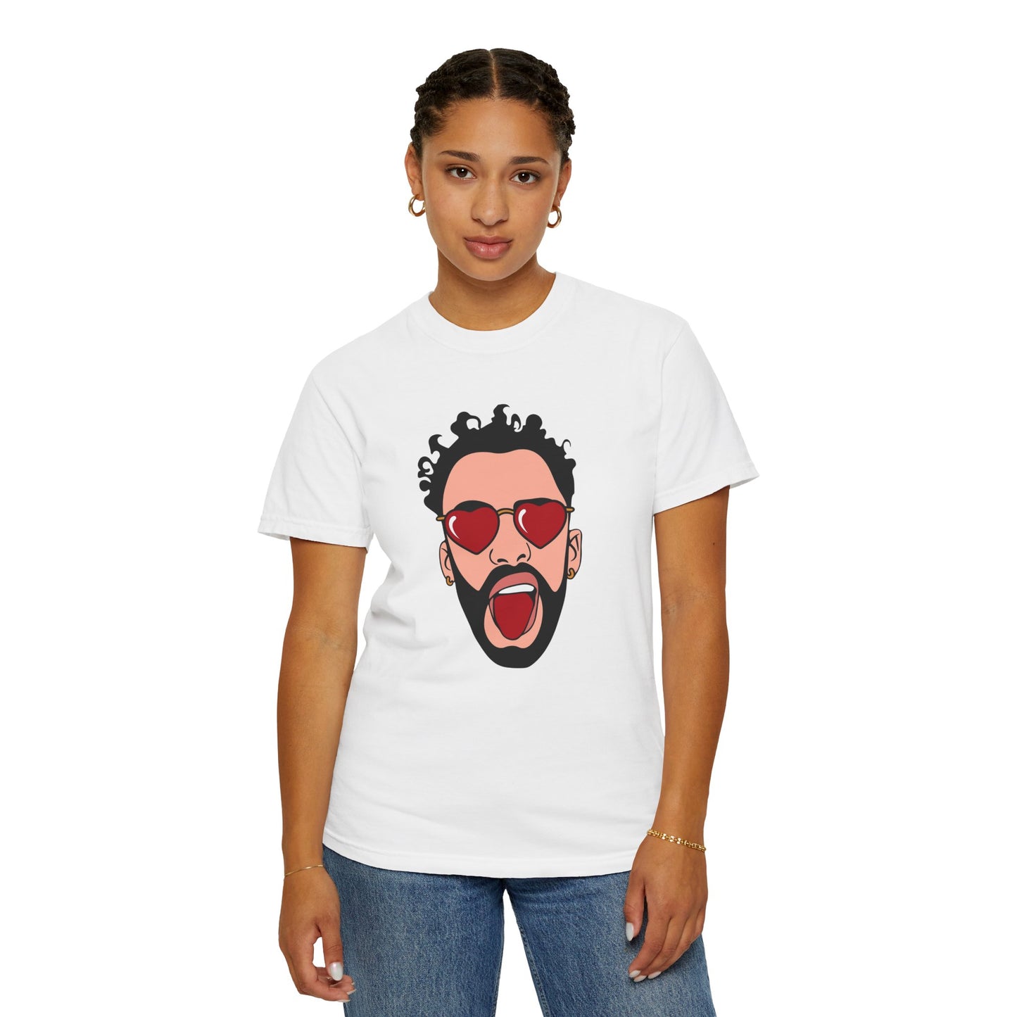 Graphic T-Shirt — Bold Pop Art Face with Heart Sunglasses