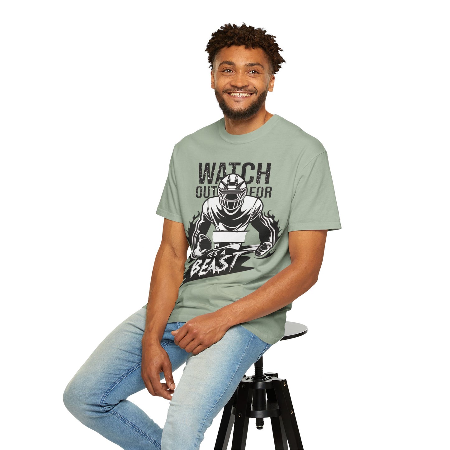 Watch Out For He's A Beast Football Player T-Shirt | Sports Helmet Grunge