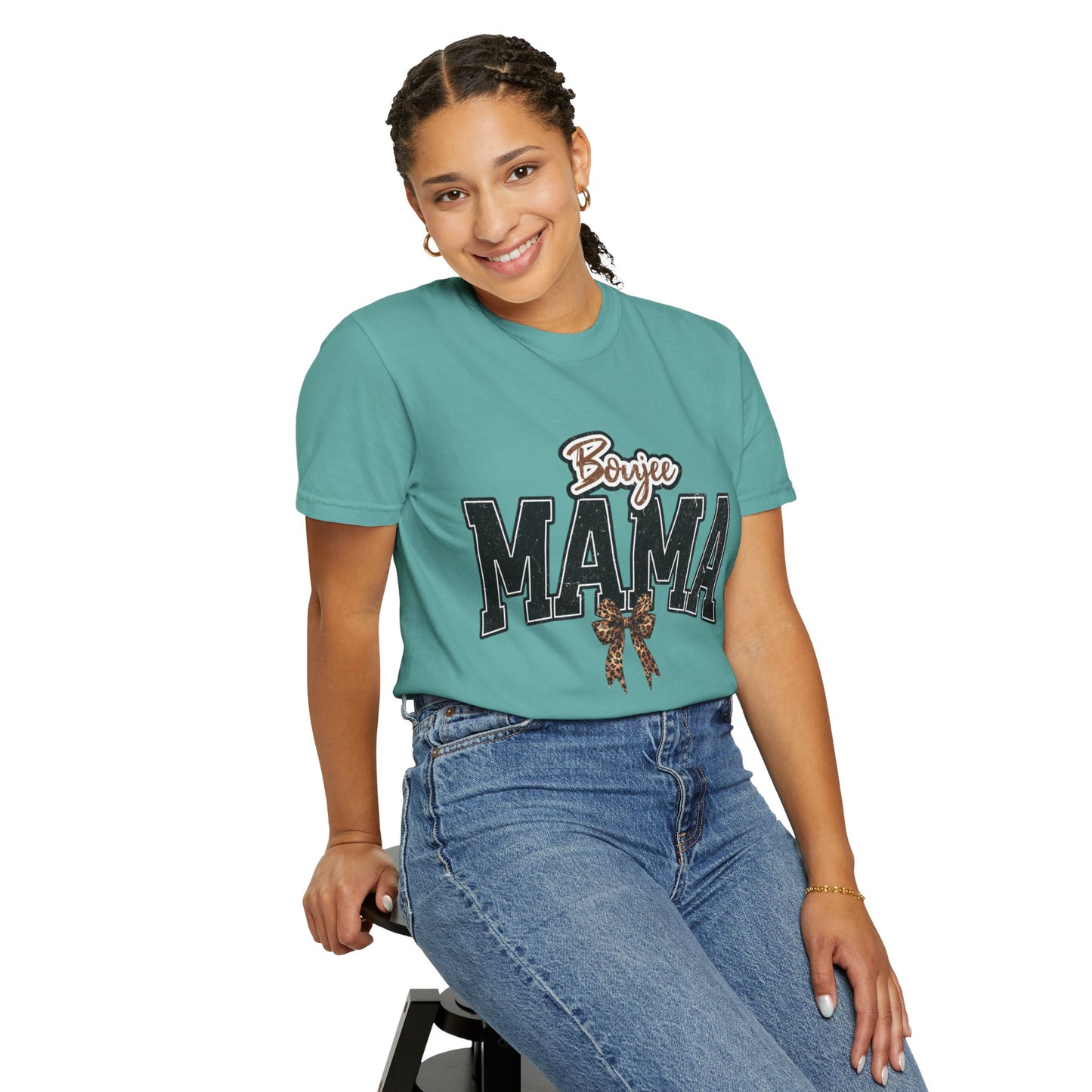 Boujee MAMA varsity letters with leopard bow T-Shirt | Mama shirt