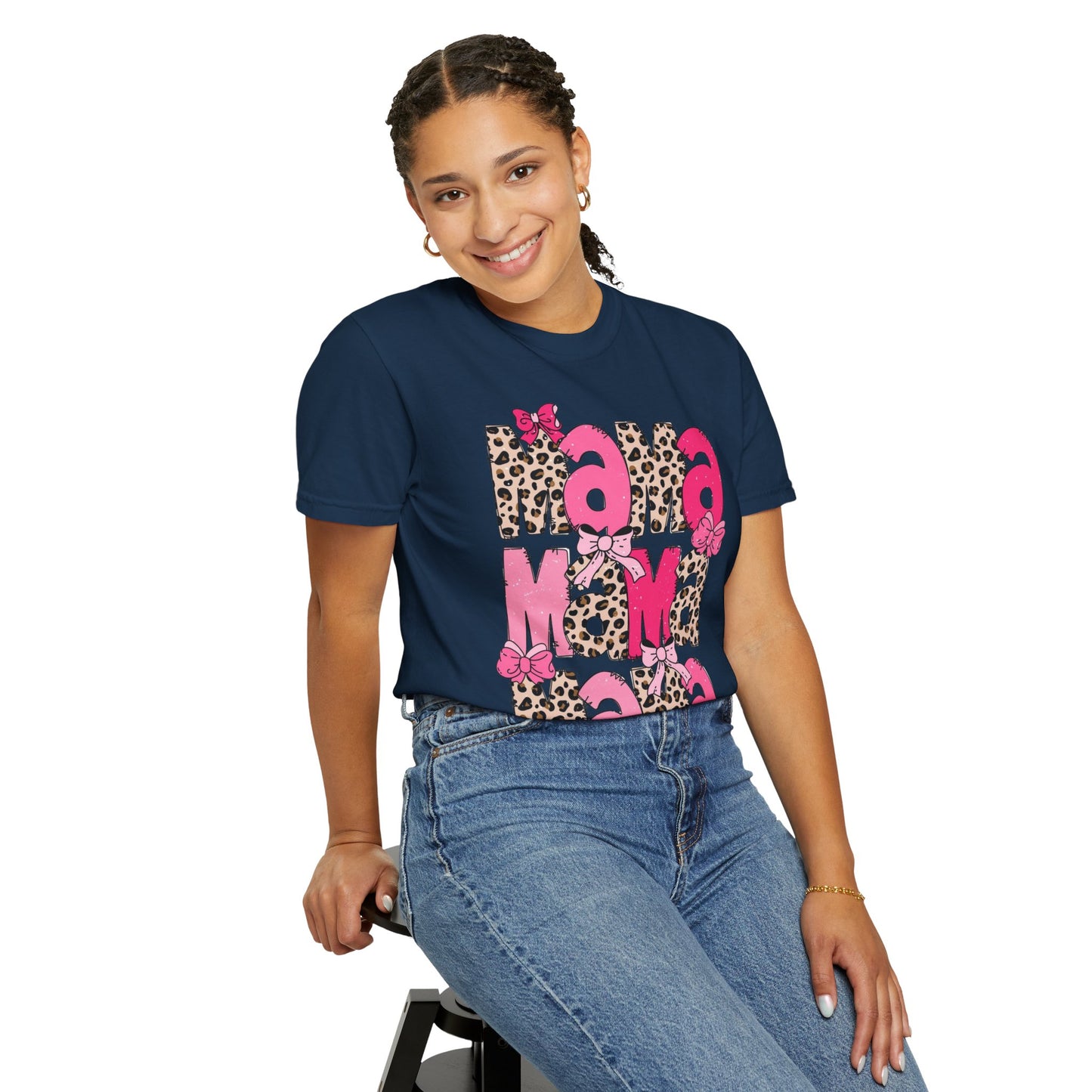 Mama Leopard Print Pink Bow T-Shirt