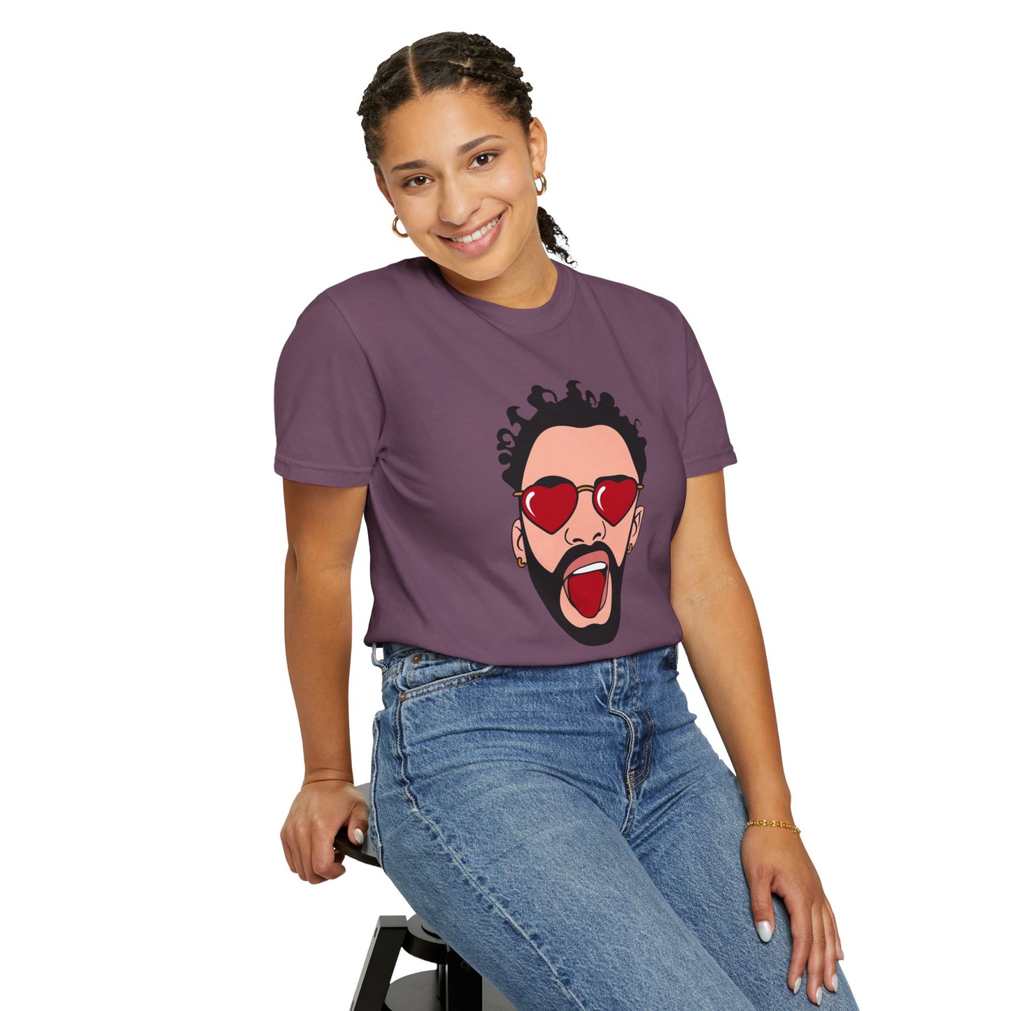 Graphic T-Shirt — Bold Pop Art Face with Heart Sunglasses