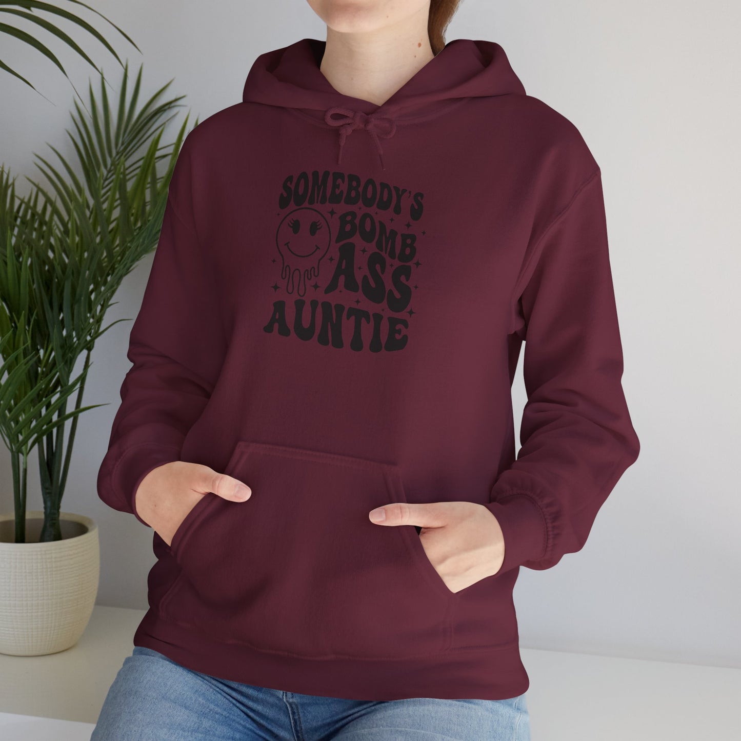 Hoodie — "Somebody's Bomb Ass Auntie" Funny Graphic Hooded Sweatshirt