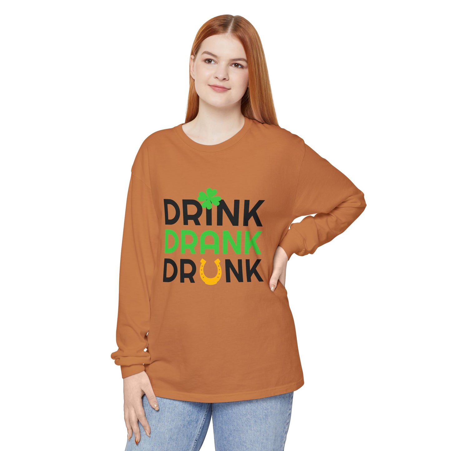Drink Drank Drunk Shamrock Horseshoe Long Sleeve Tee | St. Patrick's Day Shirt