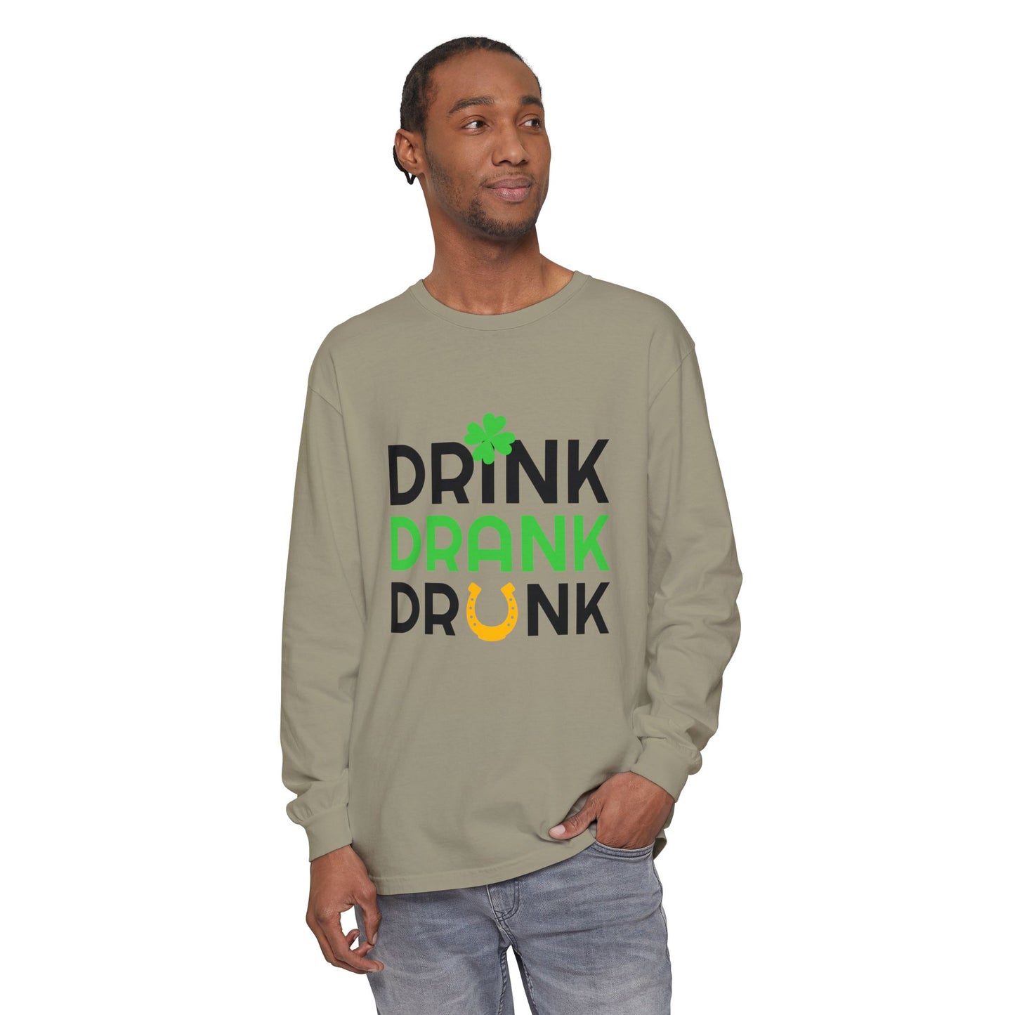 Drink Drank Drunk Shamrock Horseshoe Long Sleeve Tee | St. Patrick's Day Shirt