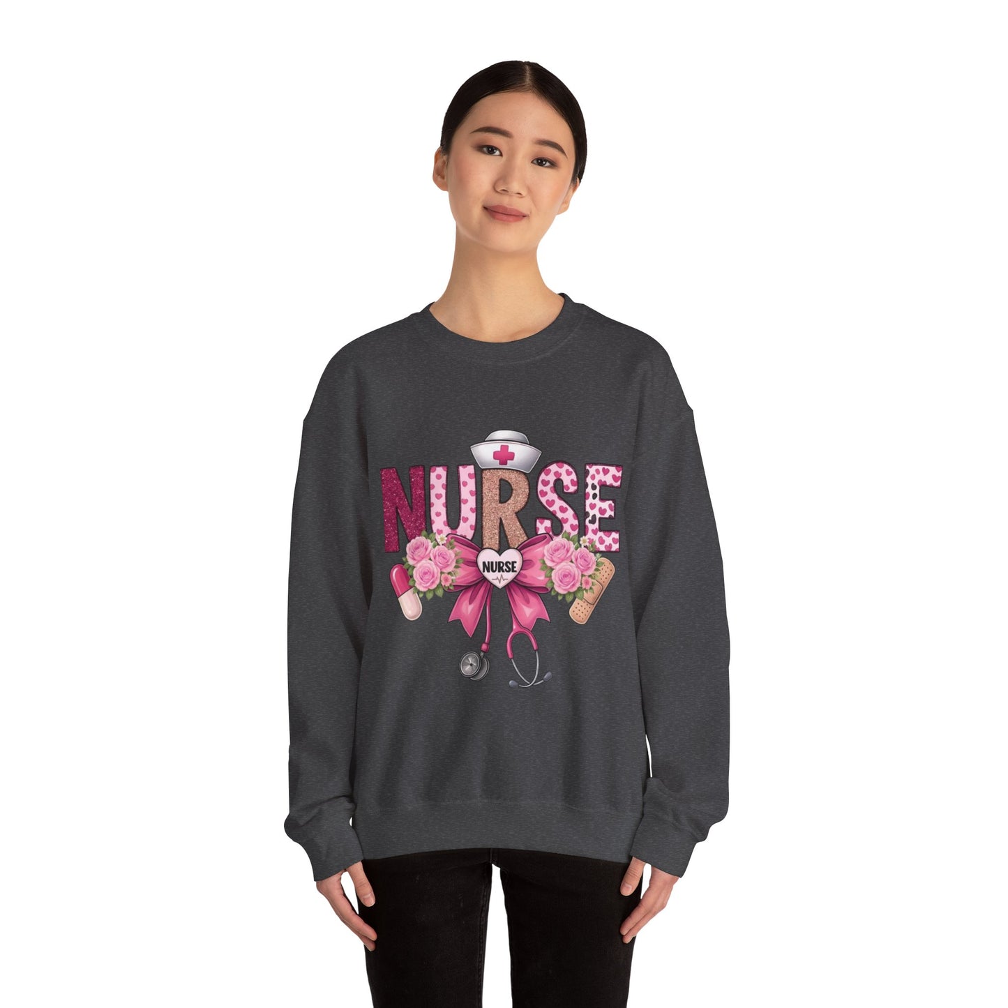Pink Floral Nurse Crewneck Sweatshirt | Stethoscope, Bandage, Nursing Theme