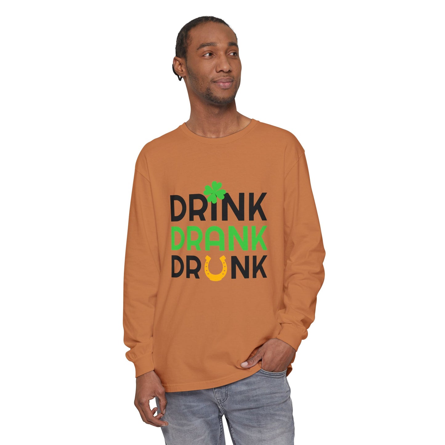 Drink Drank Drunk Shamrock Horseshoe Long Sleeve Tee | St. Patrick's Day Shirt