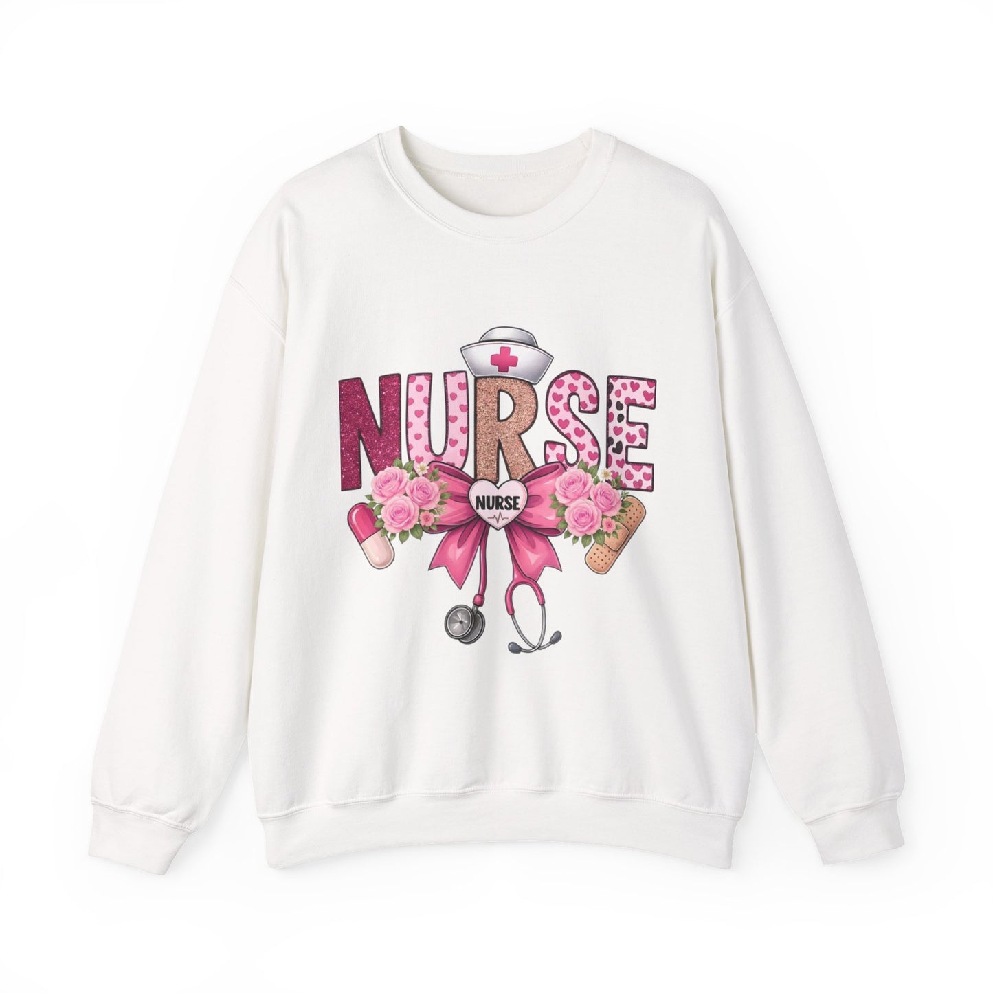 Pink Floral Nurse Crewneck Sweatshirt | Stethoscope, Bandage, Nursing Theme