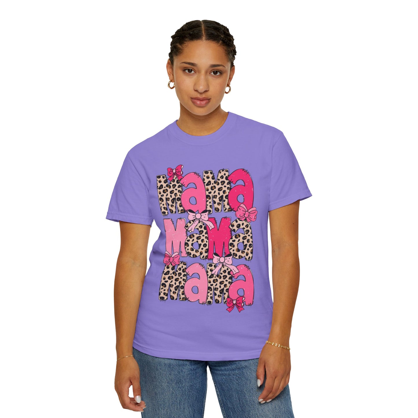 Mama Leopard Print Pink Bow T-Shirt