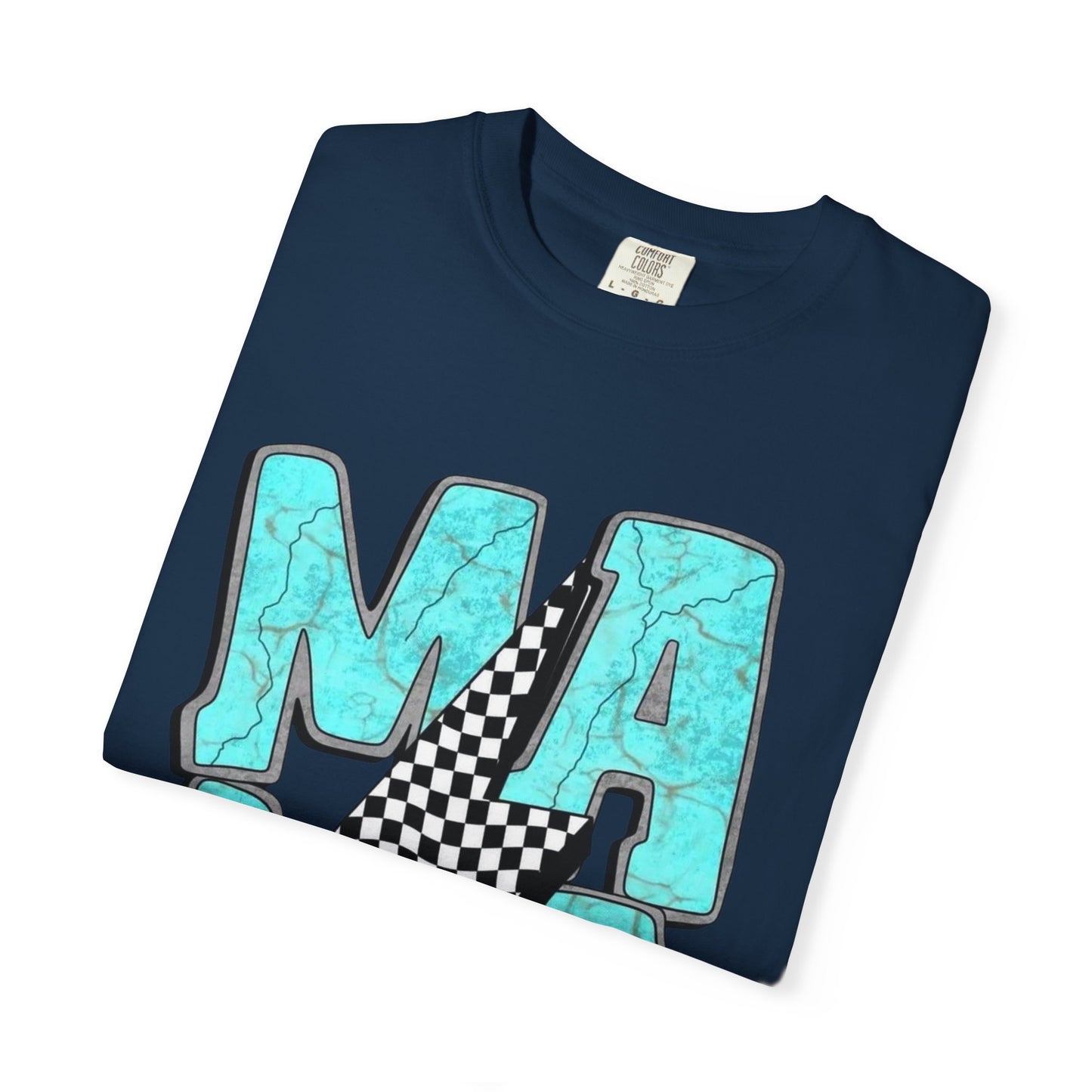 MAMA Lightning Bolt T-Shirt | Checkerboard, Aqua Marble Text