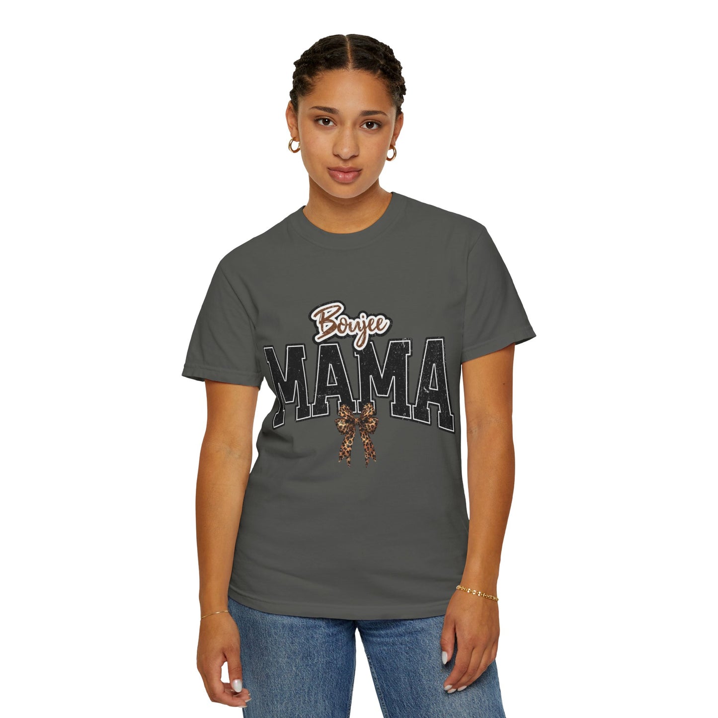 Boujee MAMA varsity letters with leopard bow T-Shirt | Mama shirt