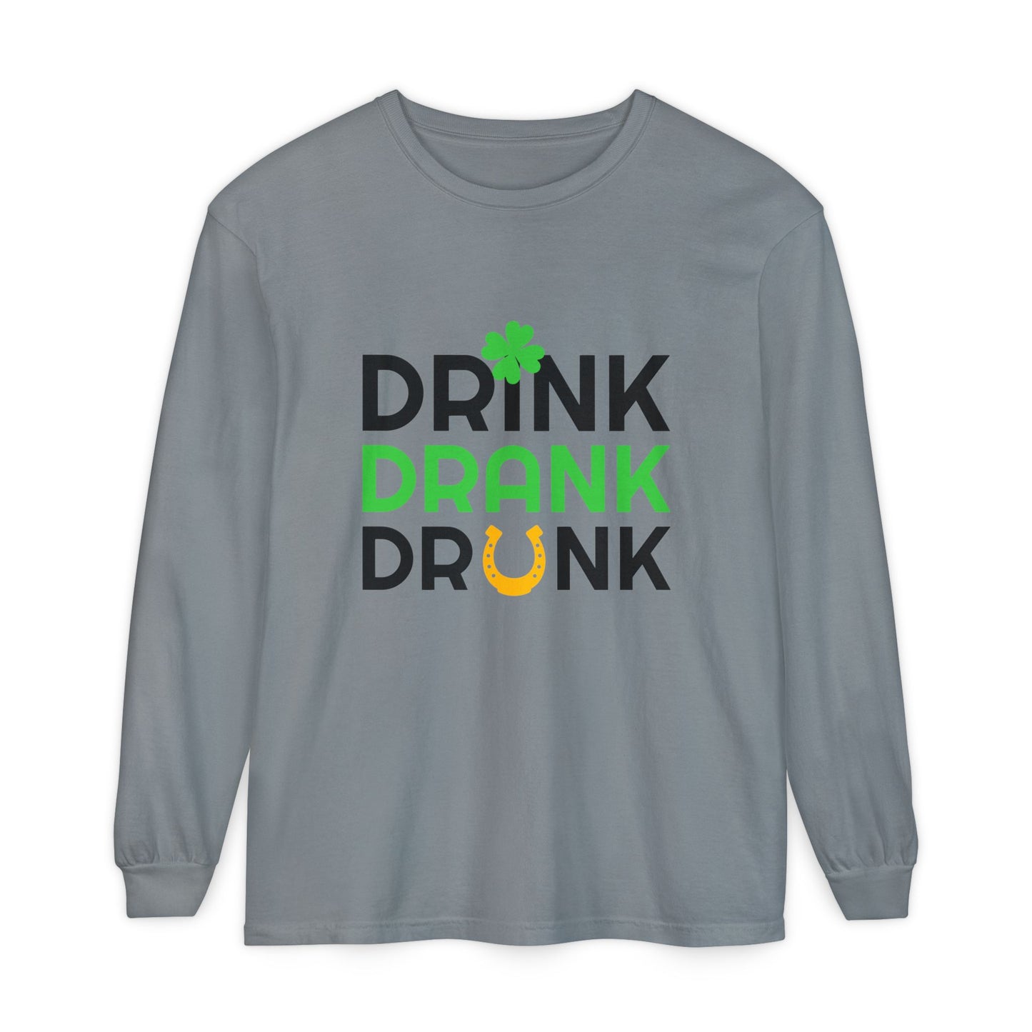 Drink Drank Drunk Shamrock Horseshoe Long Sleeve Tee | St. Patrick's Day Shirt