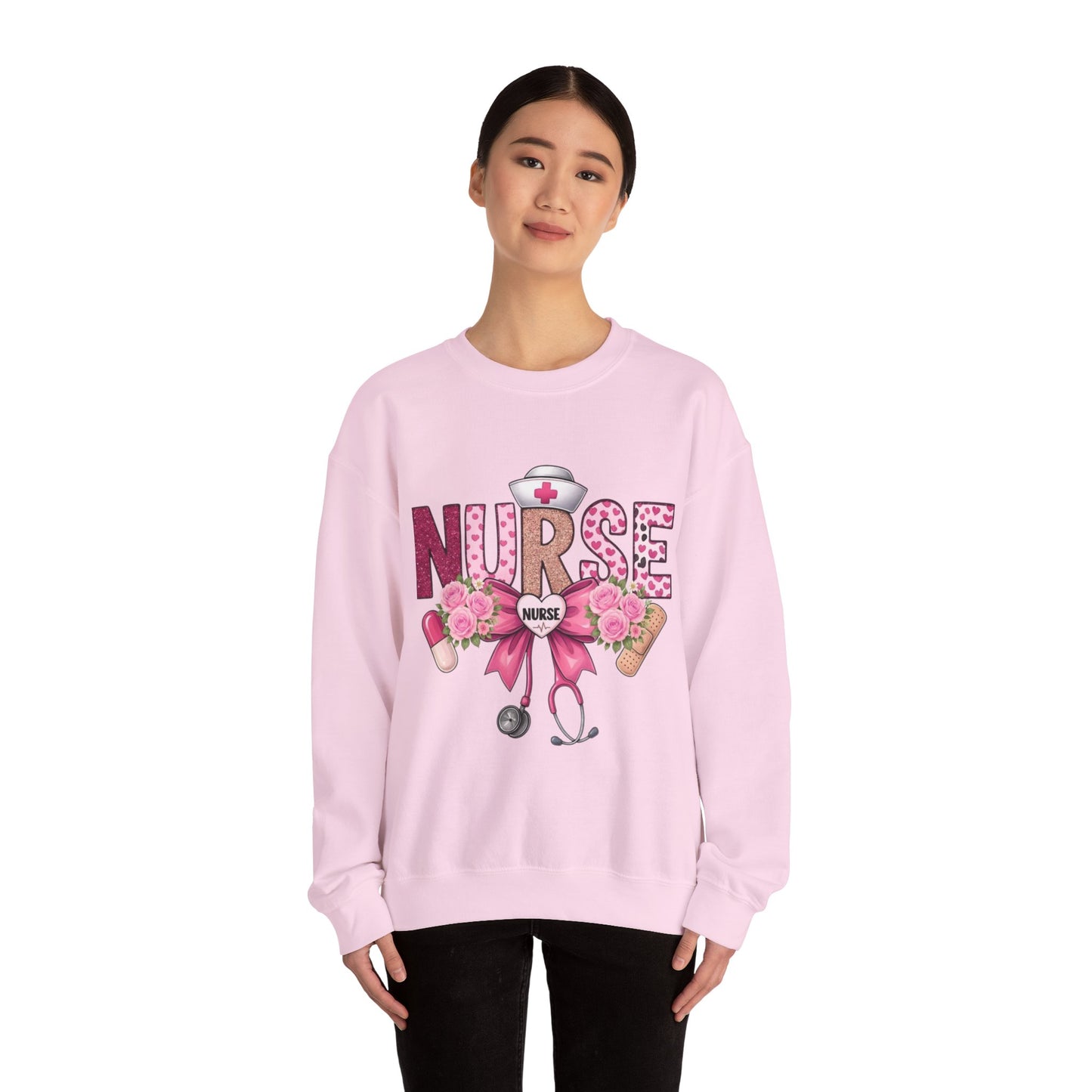 Pink Floral Nurse Crewneck Sweatshirt | Stethoscope, Bandage, Nursing Theme
