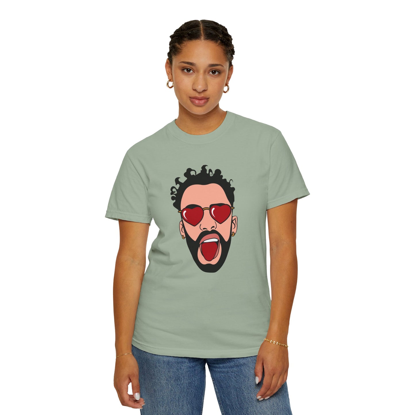 Graphic T-Shirt — Bold Pop Art Face with Heart Sunglasses