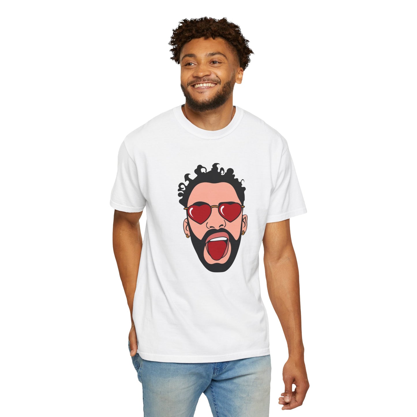 Graphic T-Shirt — Bold Pop Art Face with Heart Sunglasses