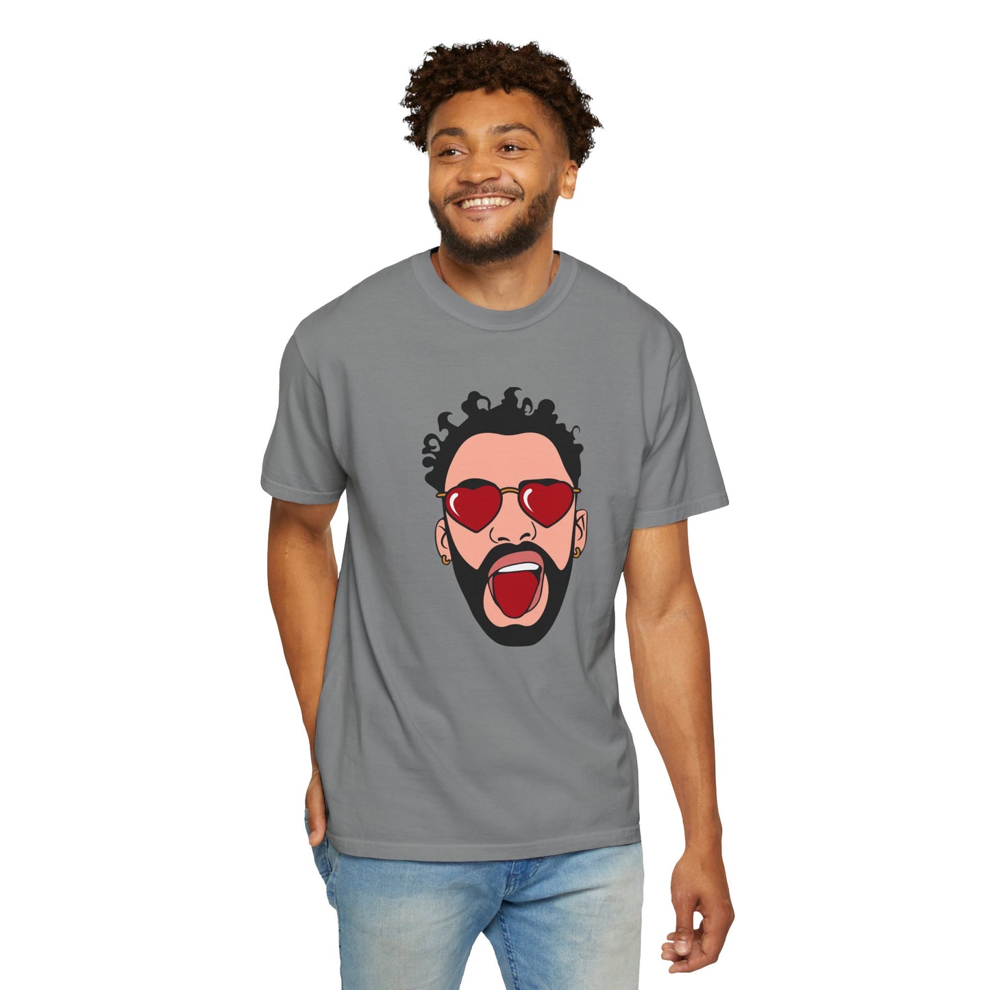 Graphic T-Shirt — Bold Pop Art Face with Heart Sunglasses