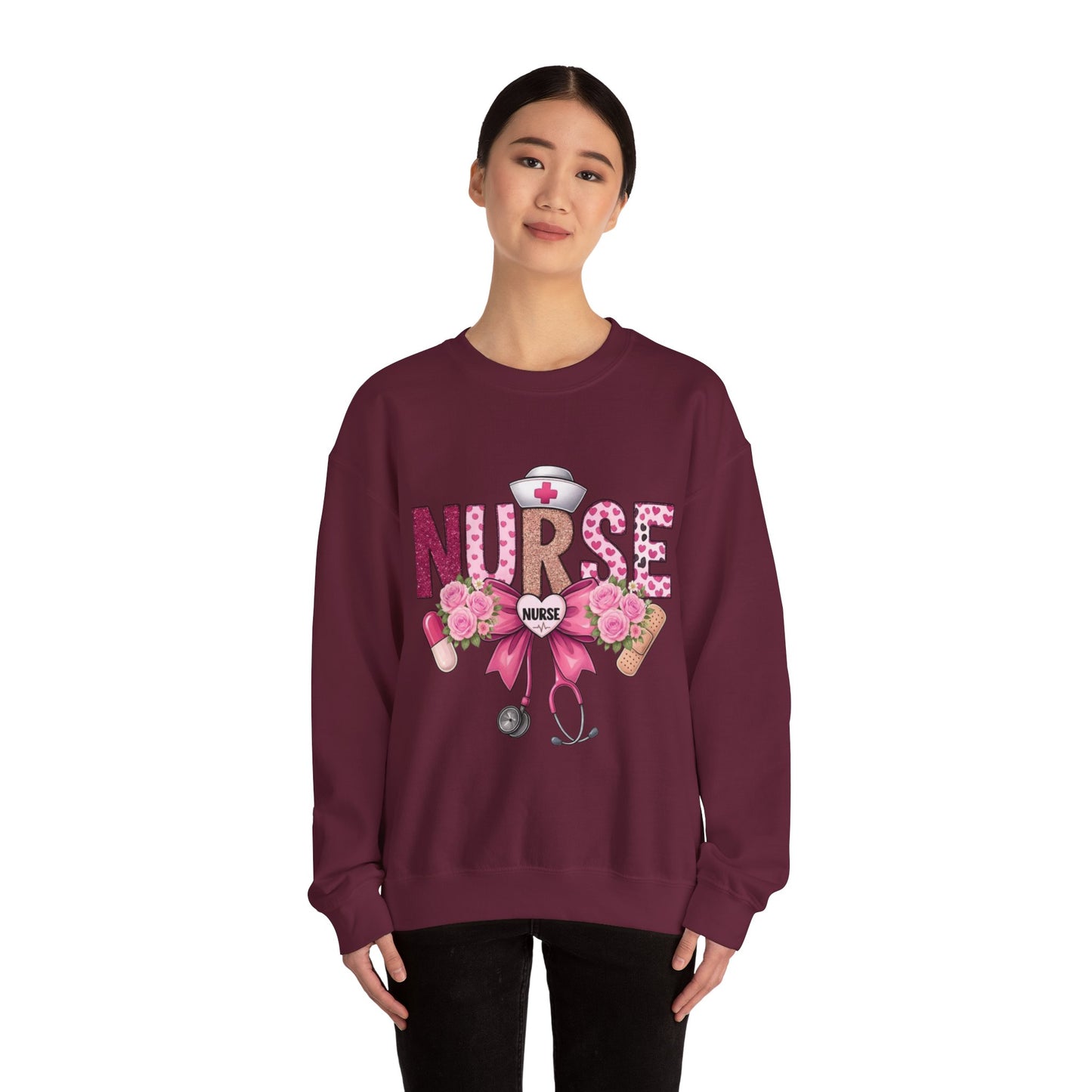 Pink Floral Nurse Crewneck Sweatshirt | Stethoscope, Bandage, Nursing Theme