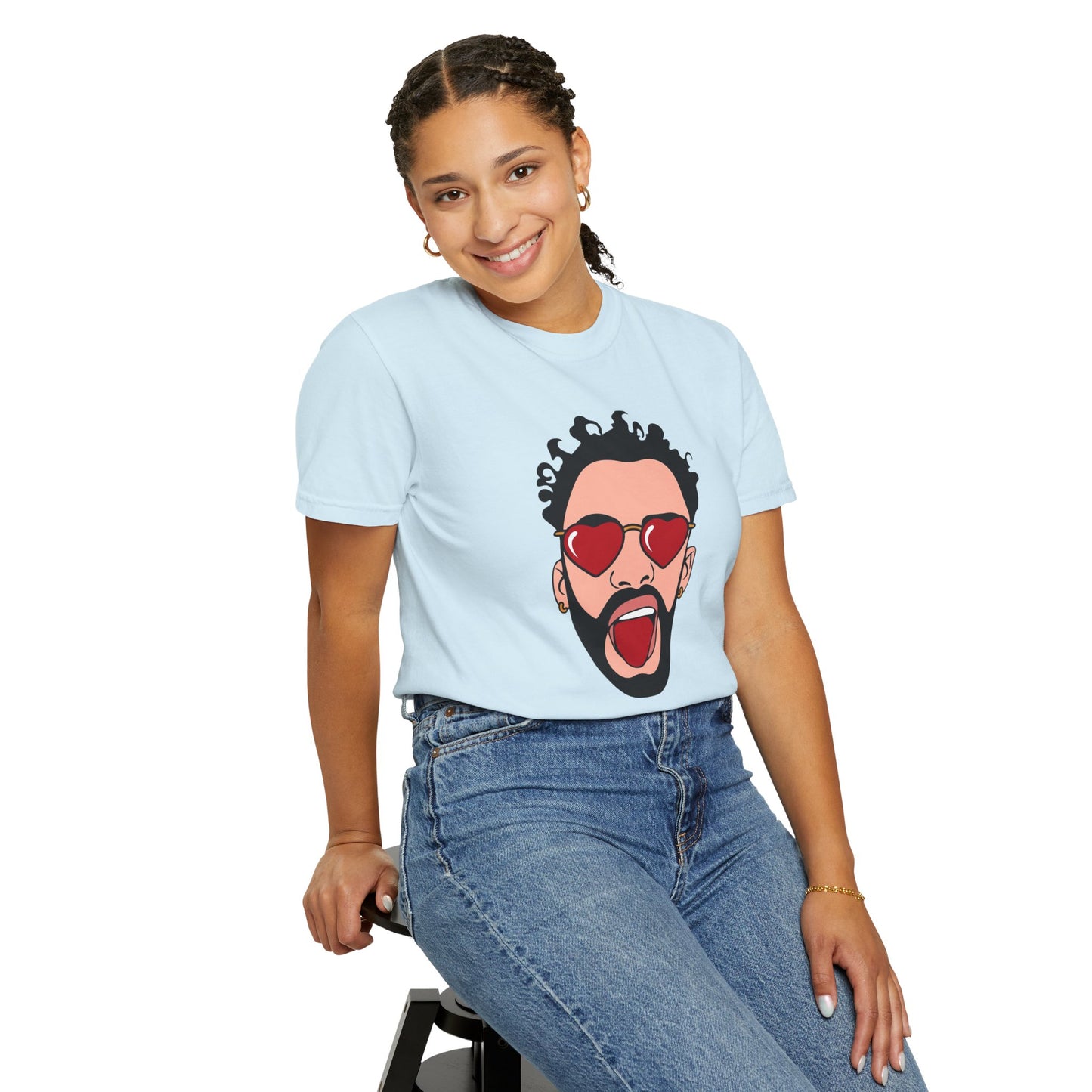 Graphic T-Shirt — Bold Pop Art Face with Heart Sunglasses