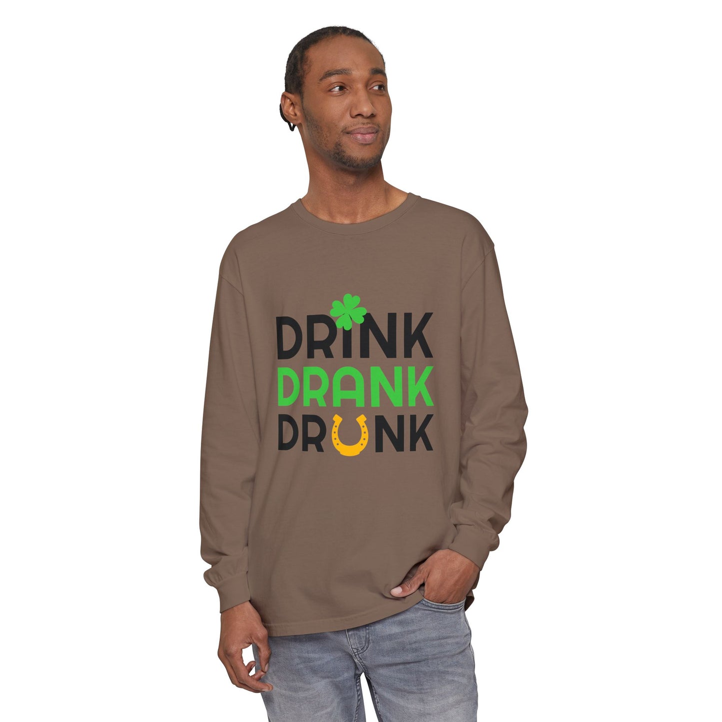 Drink Drank Drunk Shamrock Horseshoe Long Sleeve Tee | St. Patrick's Day Shirt