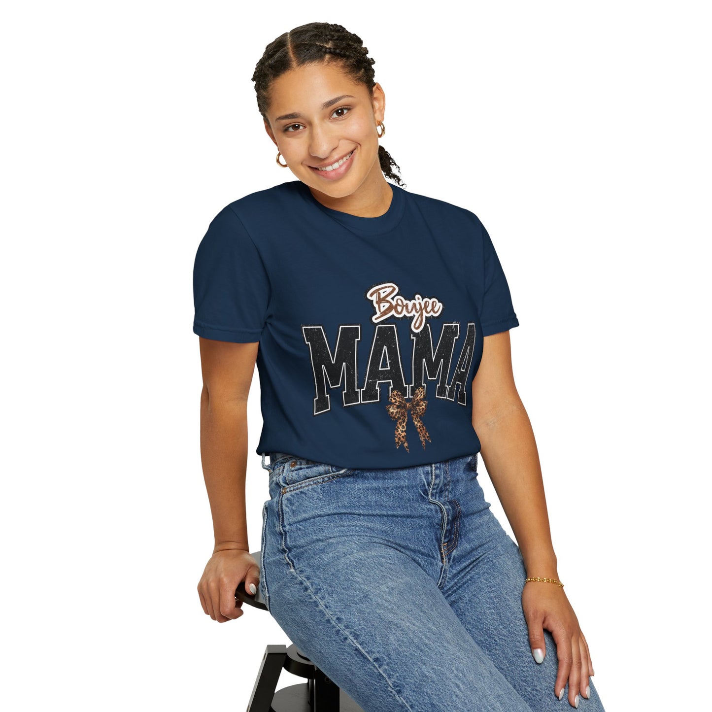 Boujee MAMA varsity letters with leopard bow T-Shirt | Mama shirt
