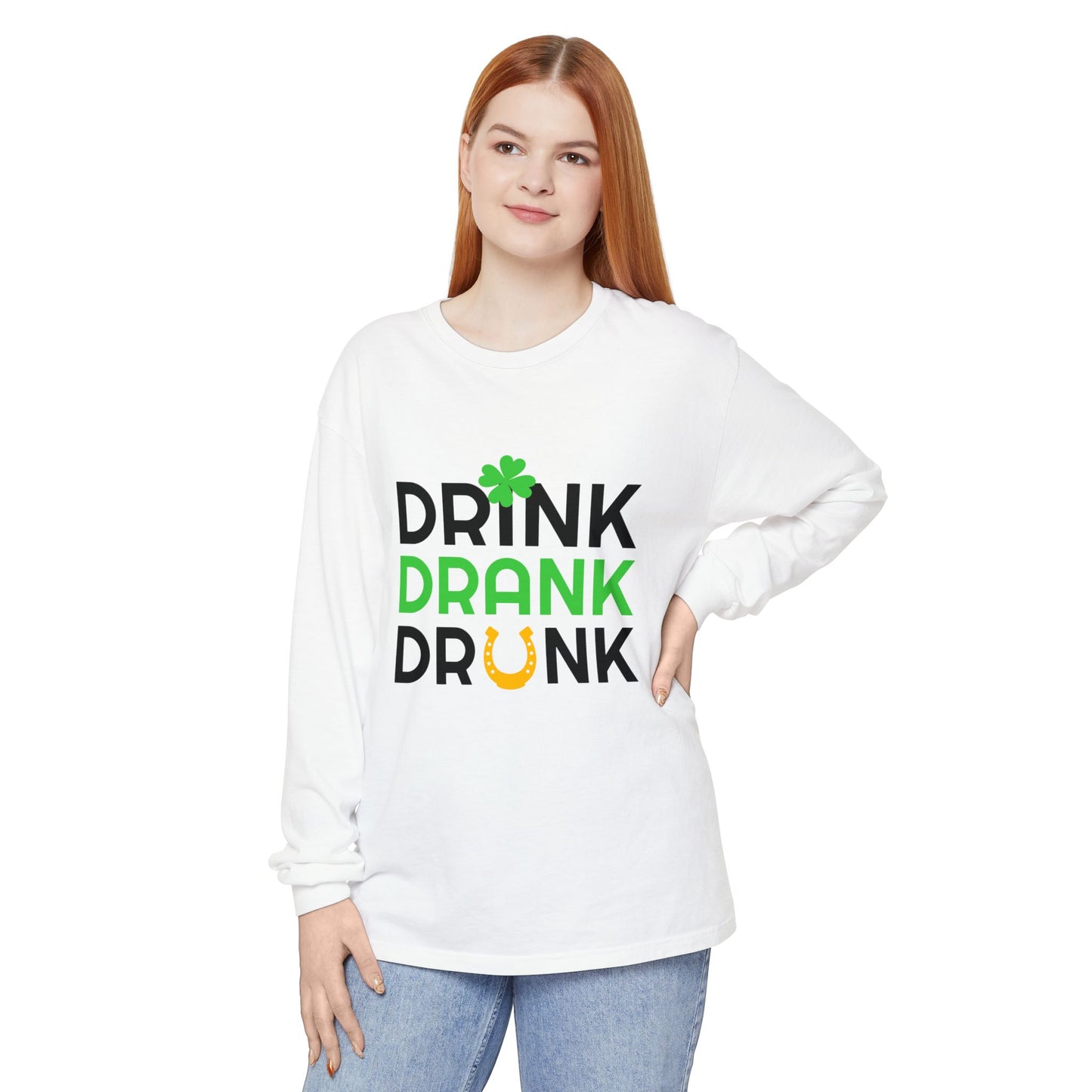 Drink Drank Drunk Shamrock Horseshoe Long Sleeve Tee | St. Patrick's Day Shirt